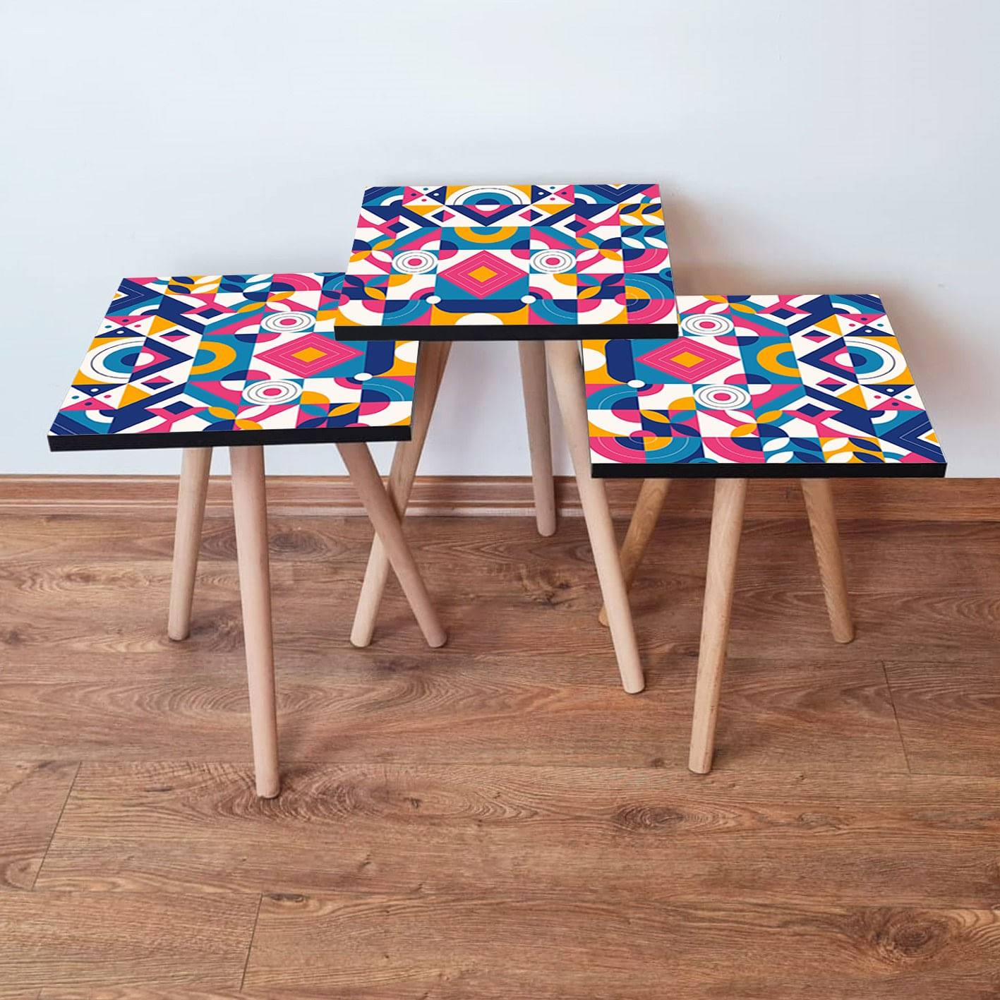 Set masute de cafea, Hanah Home, mdf, multicolor, 35x35x52 cm, picioare lemn fag, 3 piese