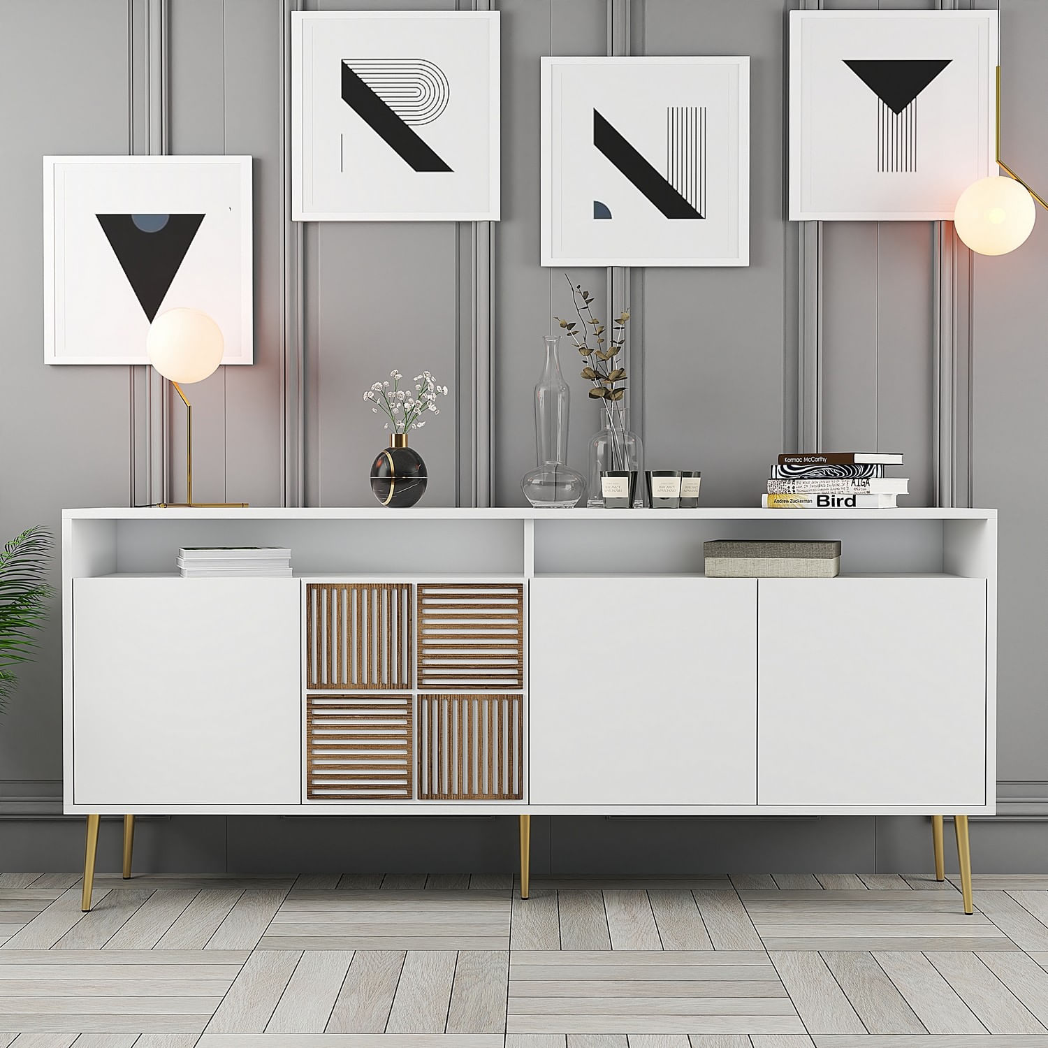 Consola, Hanah Home, panou aglomerat cu melamina, alb auriu, 180x35x77 cm — imaginea 3