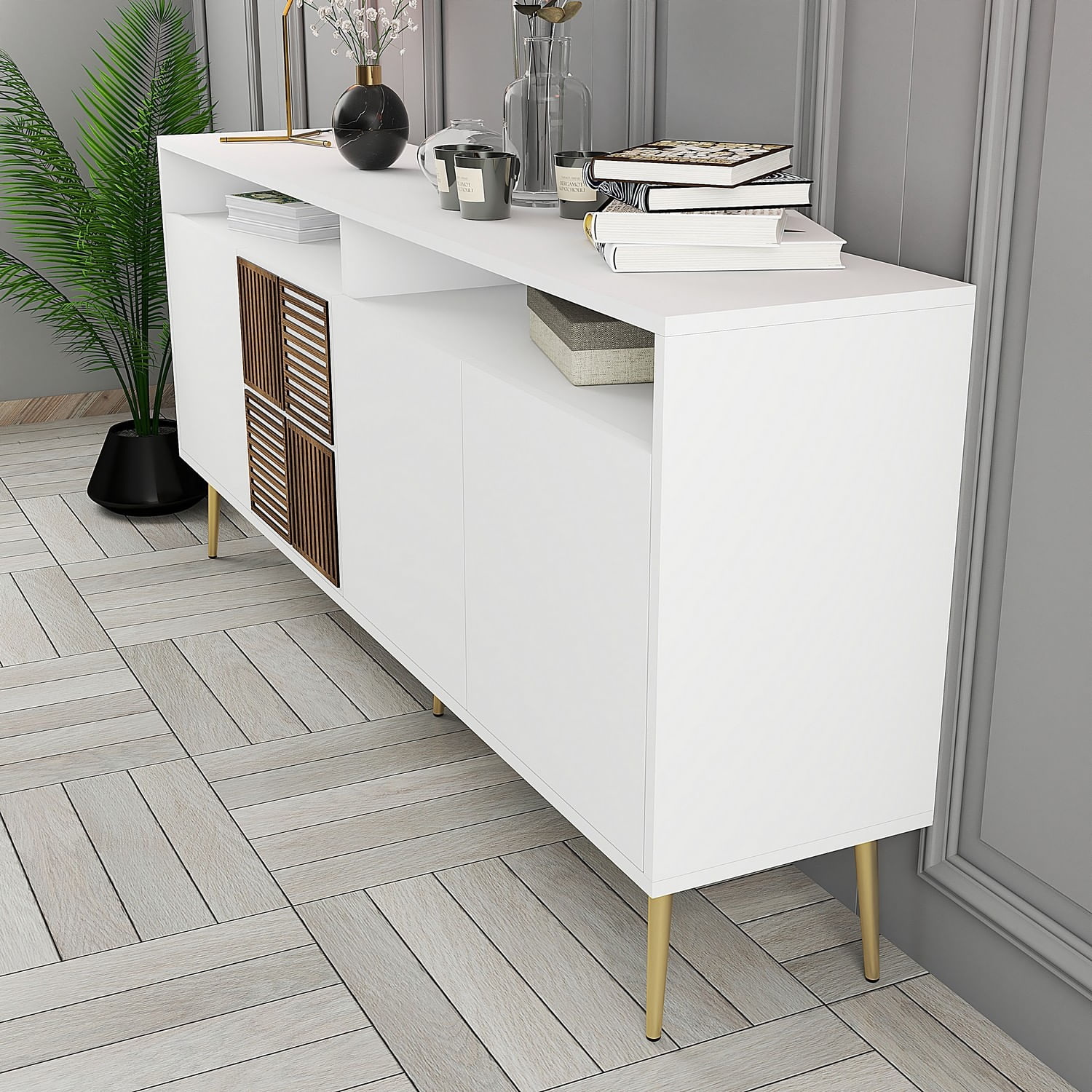 Consola, Hanah Home, panou aglomerat cu melamina, alb auriu, 180x35x77 cm — imaginea 6