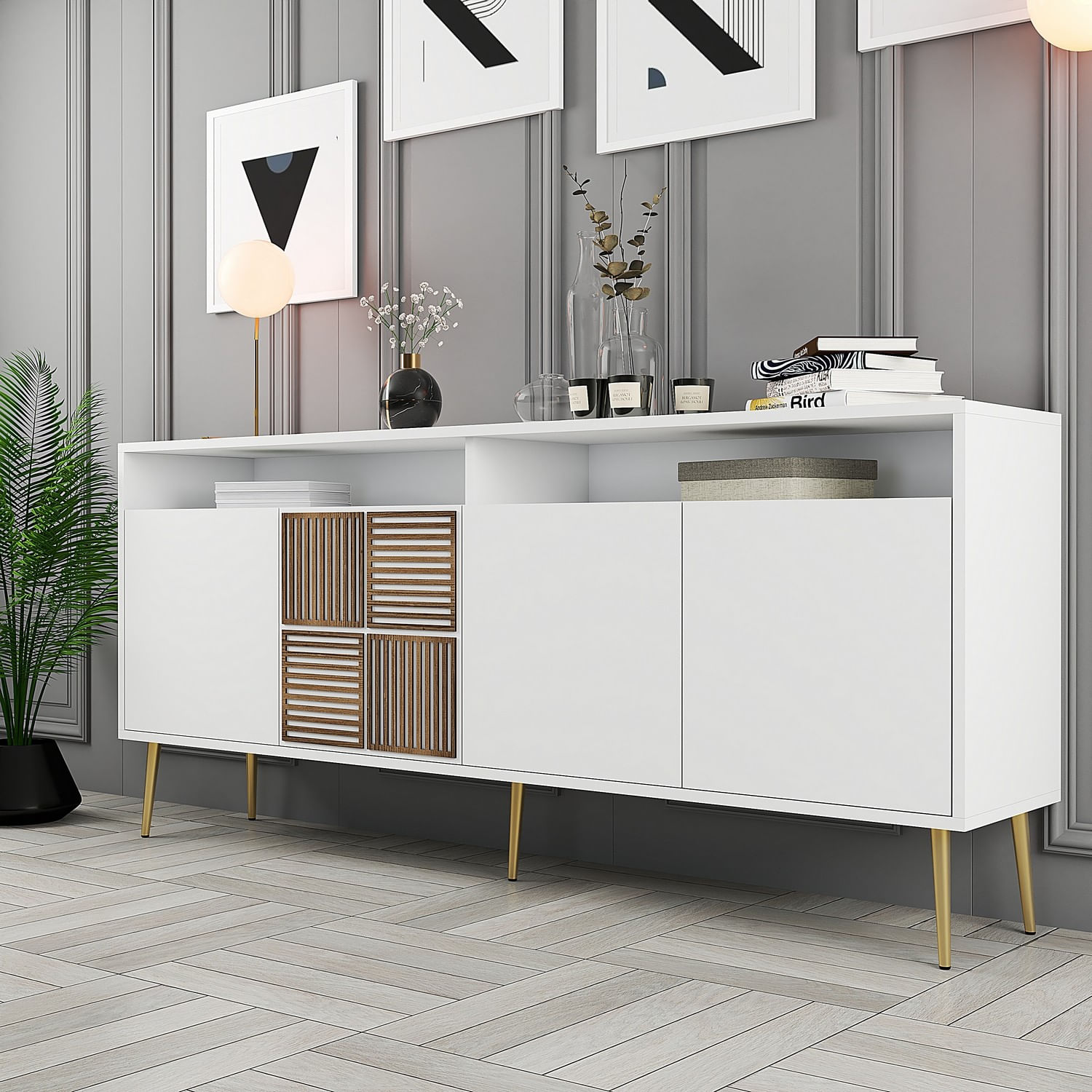 Consola, Hanah Home, panou aglomerat cu melamina, alb auriu, 180x35x77 cm — imaginea 7