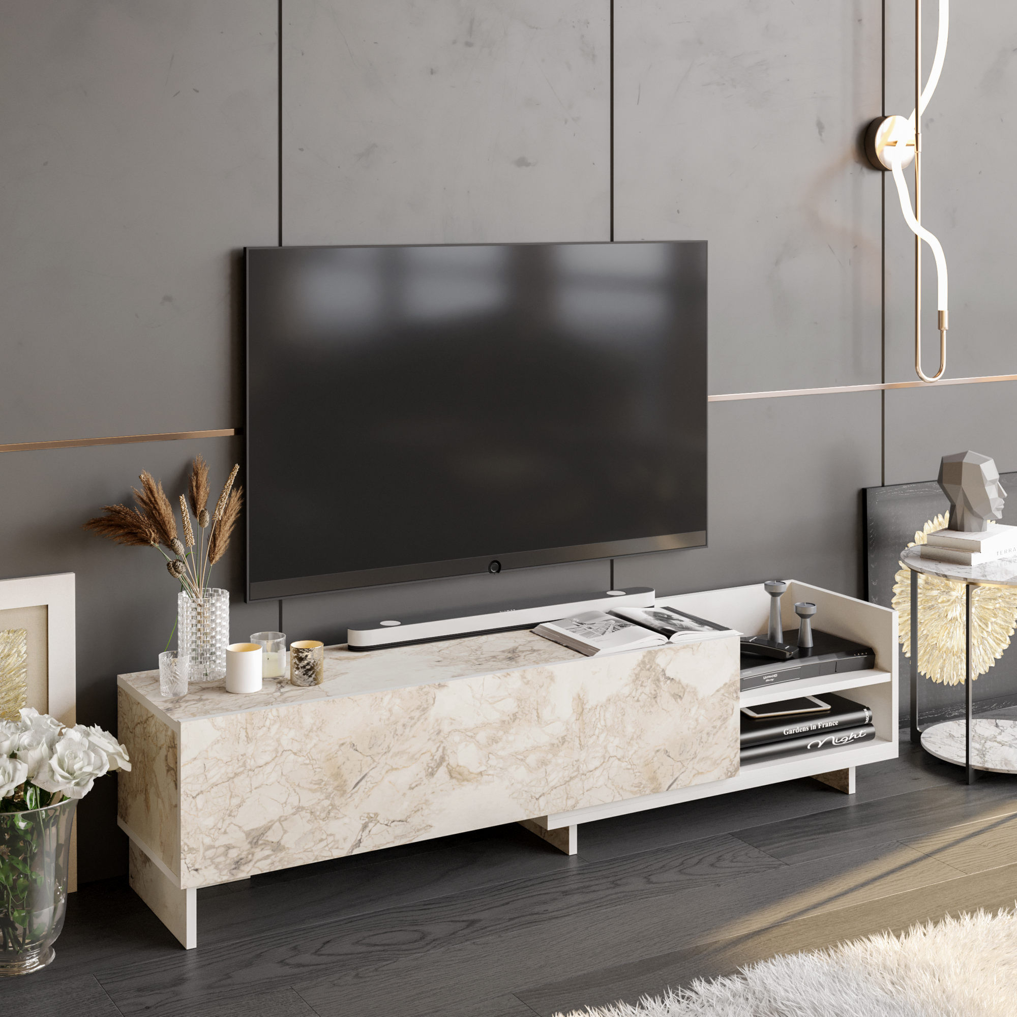 Comoda tv, Hanah Home, pal melaminat, alb, 165x35x41 cm — imaginea 2