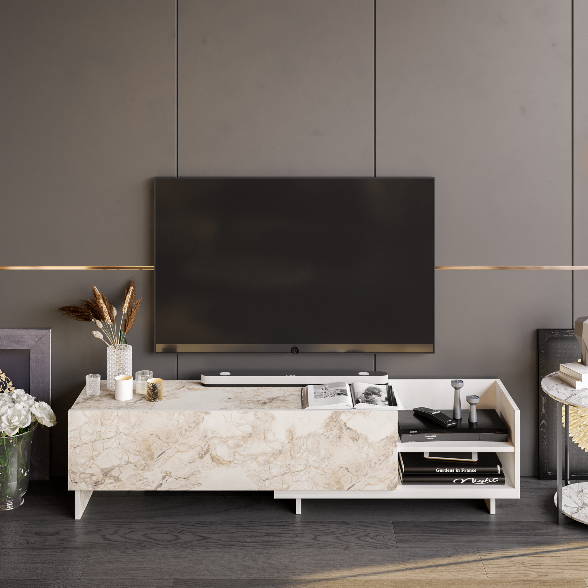 Comoda tv, Hanah Home, pal melaminat, alb, 165x35x41 cm — imaginea 3