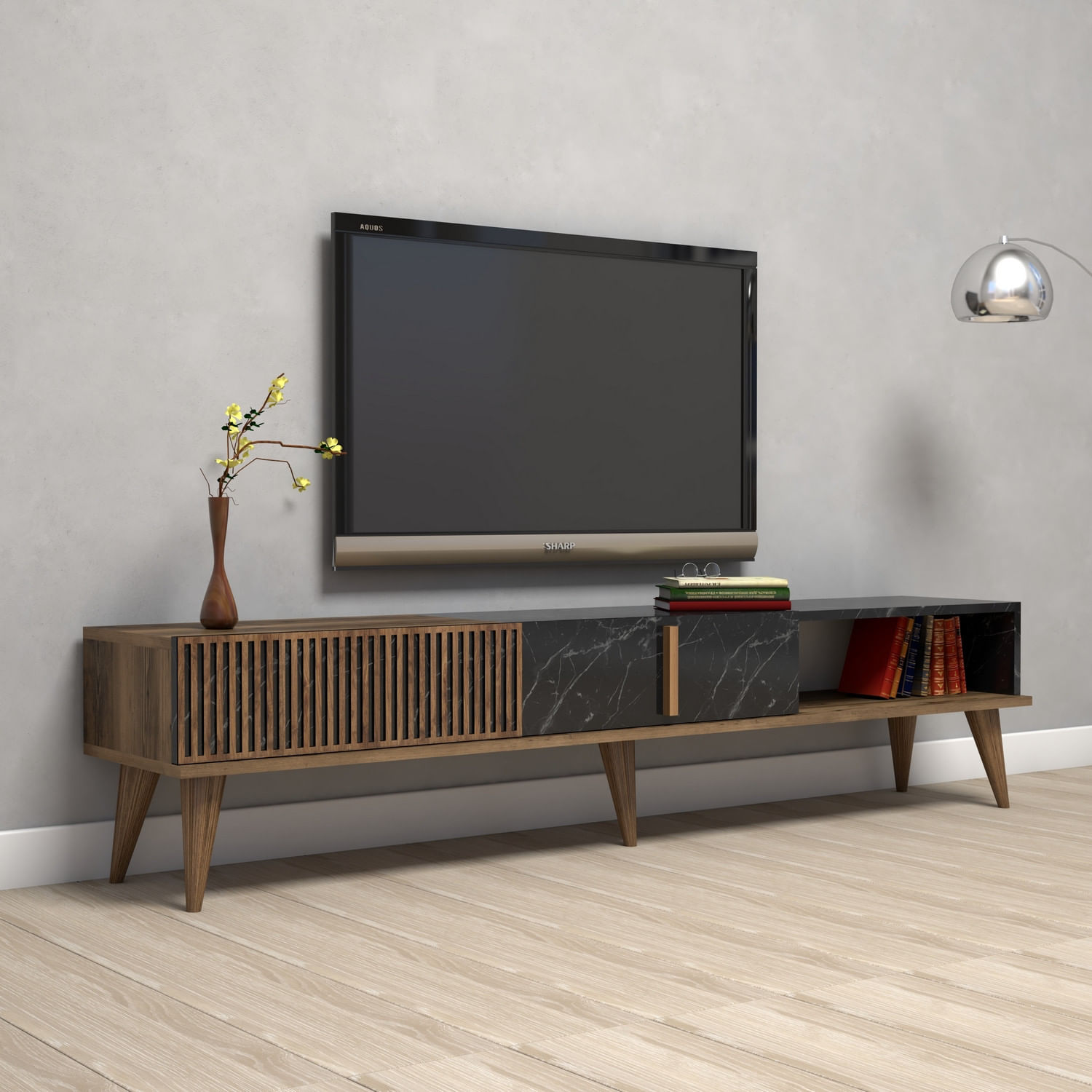 Comoda tv, Hanah Home, pal melaminat, nuc si negru, 180x40x35 cm, 845HCT3093