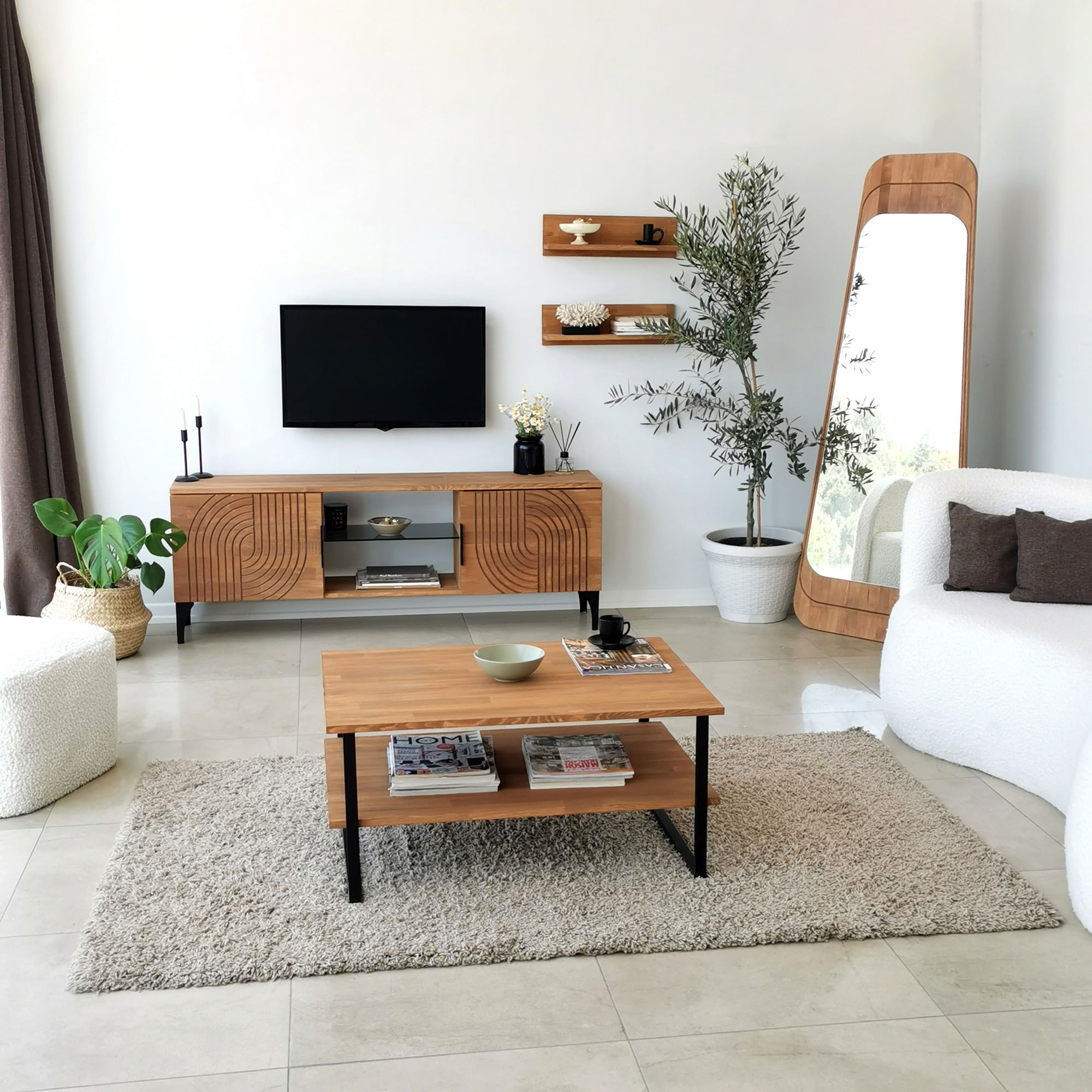 Comoda tv, Hanah Home, lemn masiv de pin, stejar, 150x40x30 cm, 552NOS1525 — imaginea 2