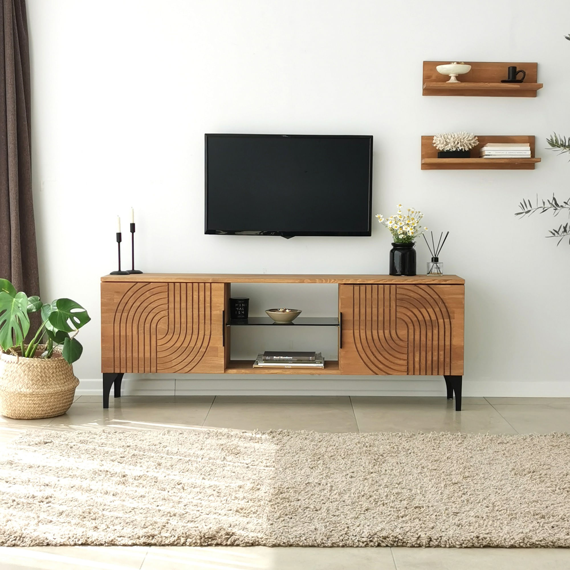Comoda tv, Hanah Home, lemn masiv de pin, stejar, 150x40x30 cm, 552NOS1525 — imaginea 3