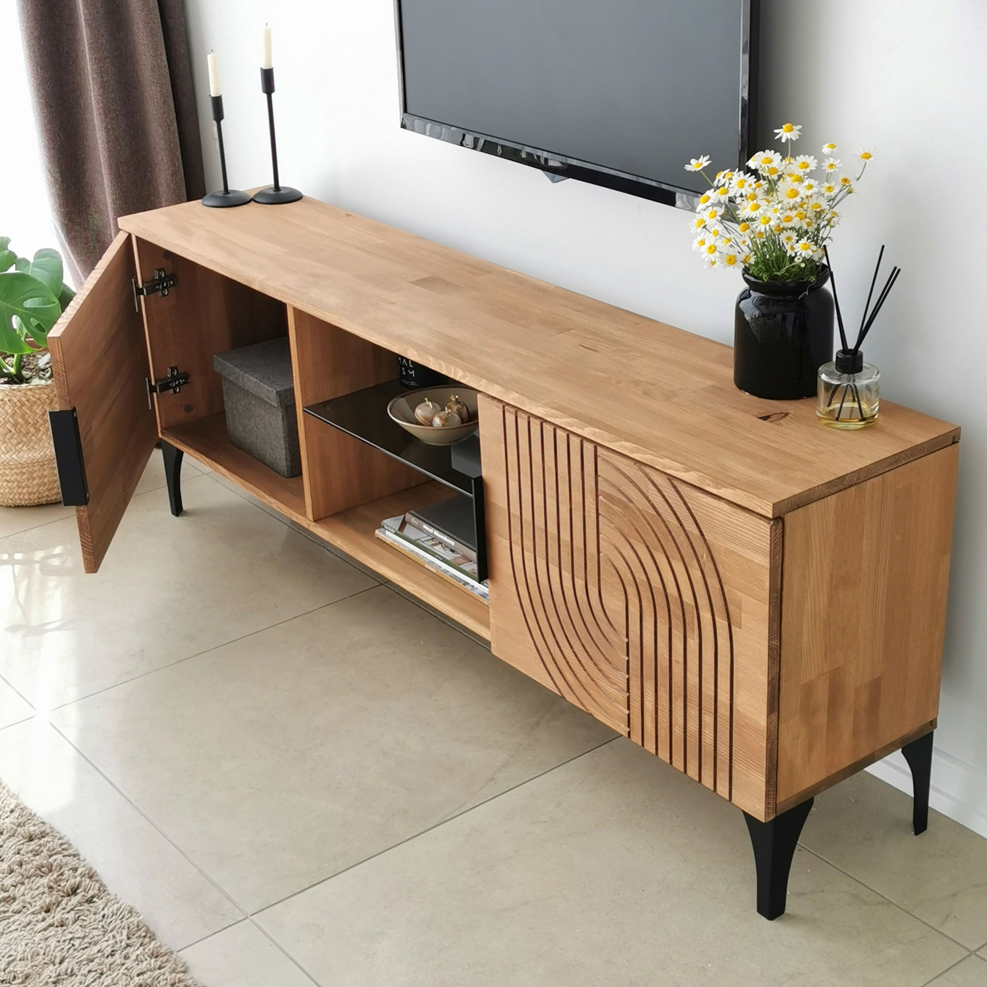 Comoda tv, Hanah Home, lemn masiv de pin, stejar, 150x40x30 cm, 552NOS1525 — imaginea 4