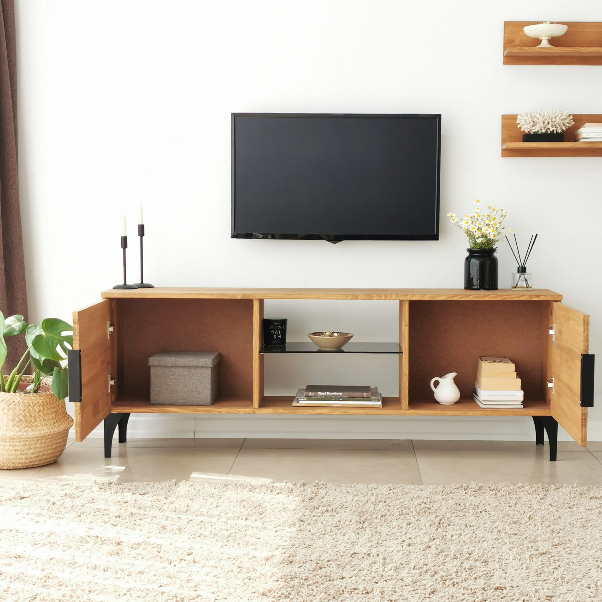 Comoda tv, Hanah Home, lemn masiv de pin, stejar, 150x40x30 cm, 552NOS1525 — imaginea 7