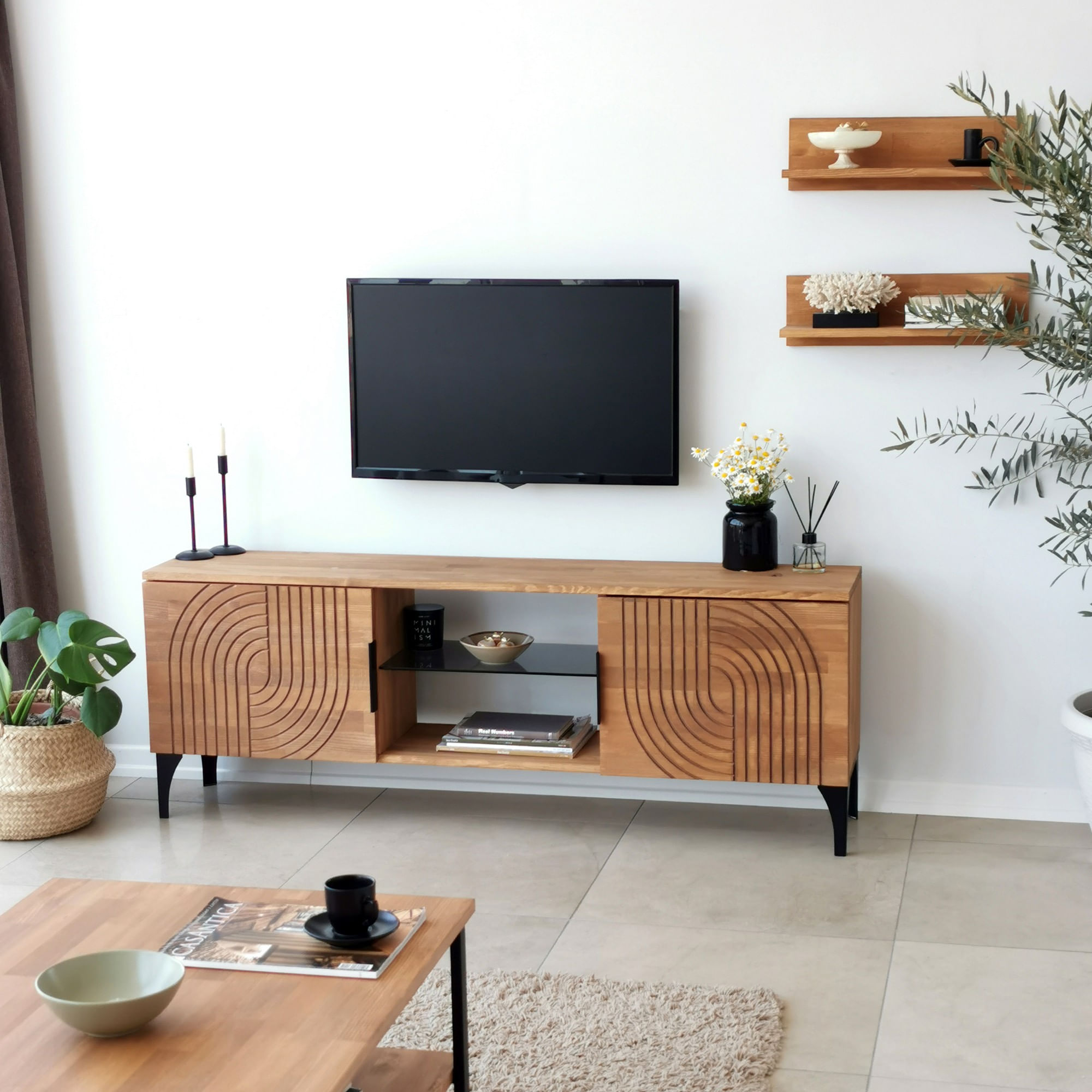 Comoda tv, Hanah Home, lemn masiv de pin, stejar, 150x40x30 cm, 552NOS1525 — imaginea 8
