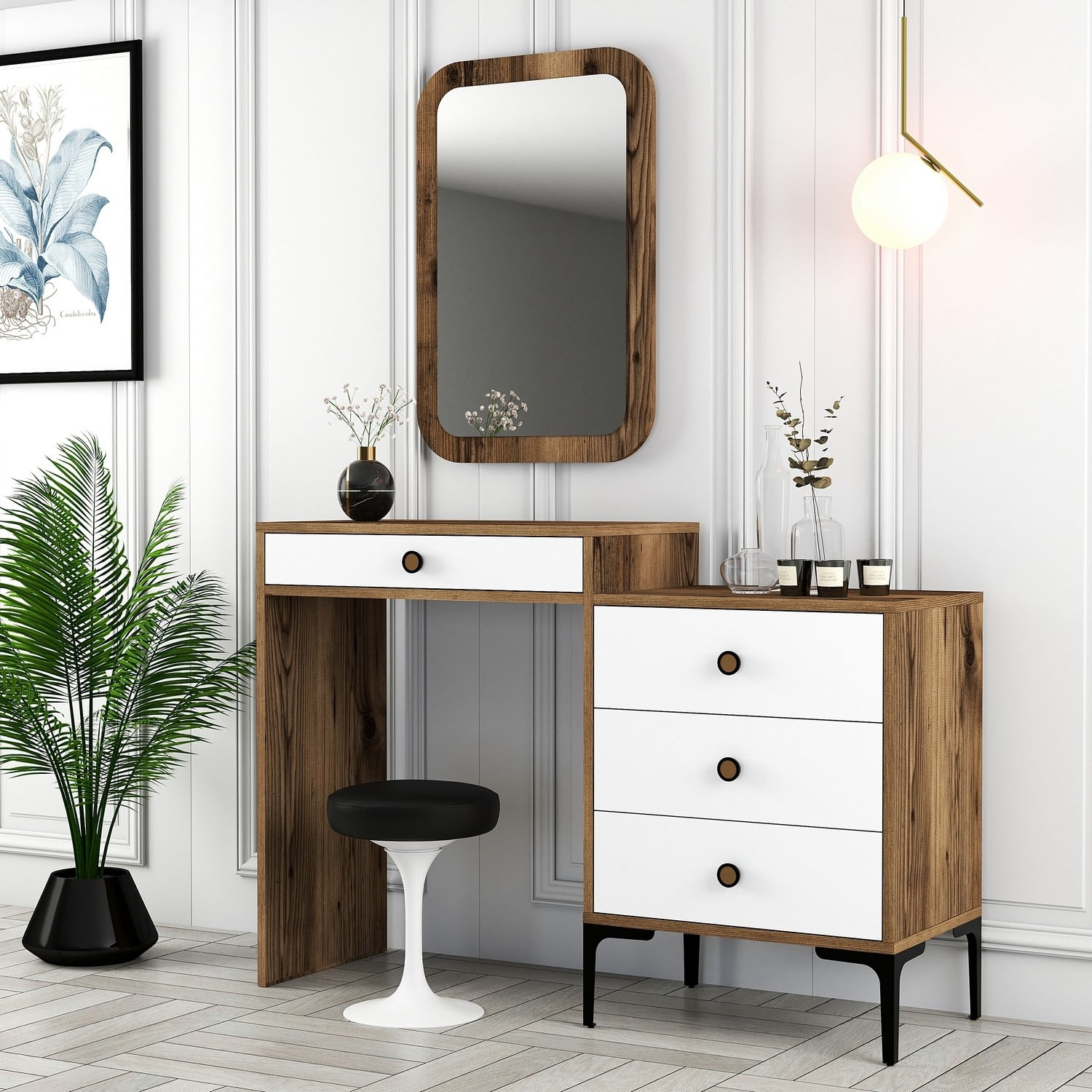 Masuta de toaleta, Hanah Home, pal melaminat, nuc si alb, 124x40x84.7 cm — imaginea 3