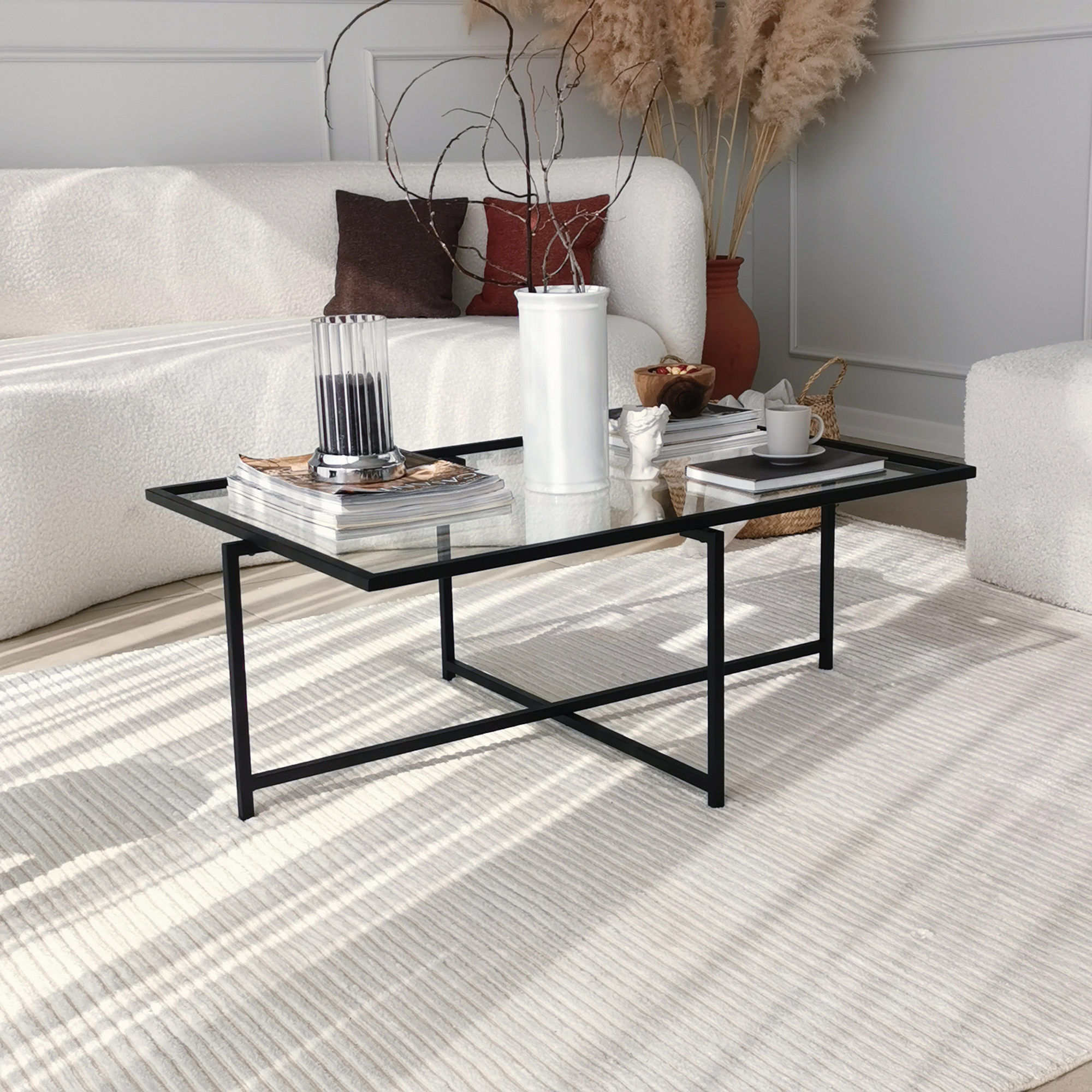 Masuta de cafea, Hanah Home, sticla securizata, picioare metalice, negru, 94x64x35 cm