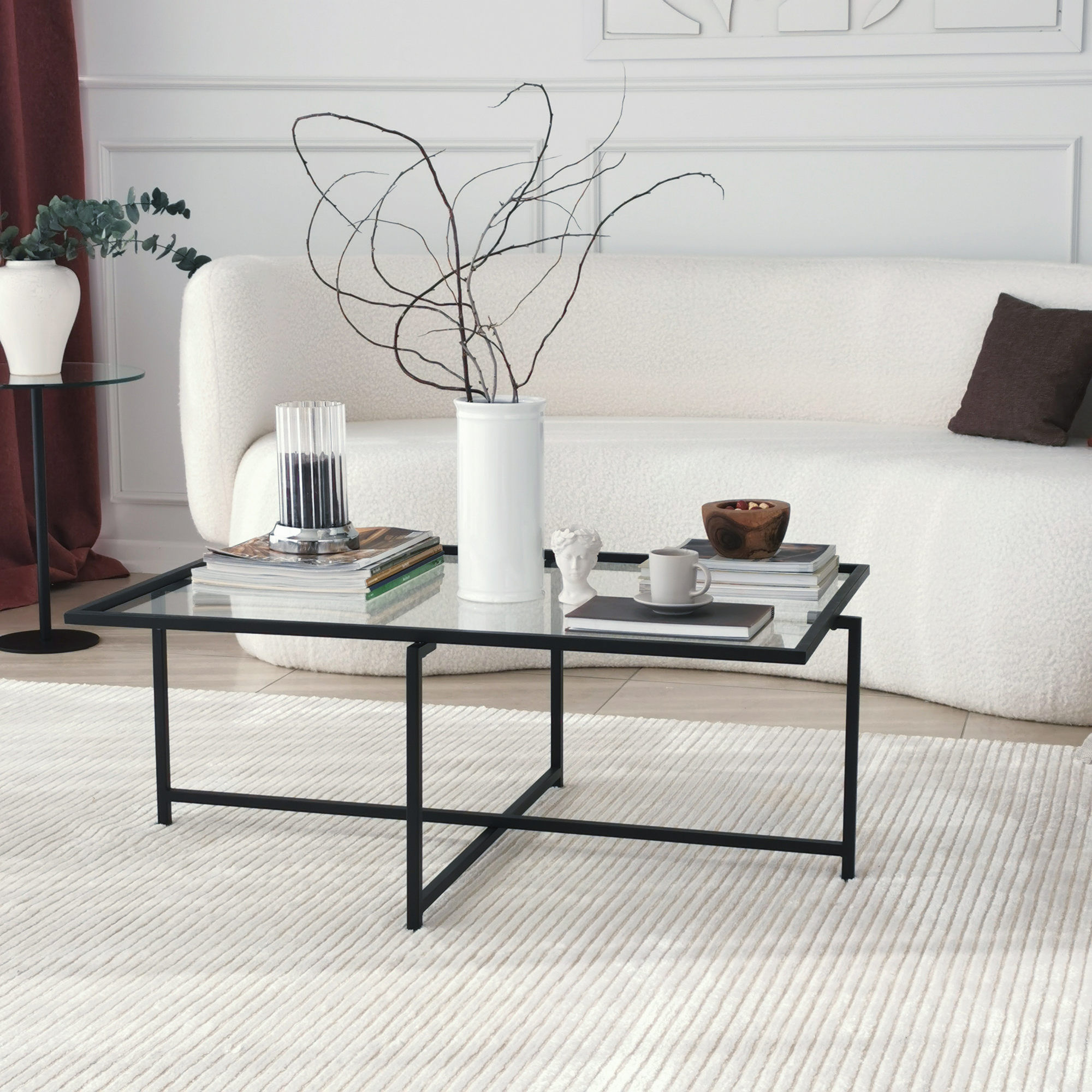 Masuta de cafea, Hanah Home, sticla securizata, picioare metalice, negru, 94x64x35 cm — imaginea 6