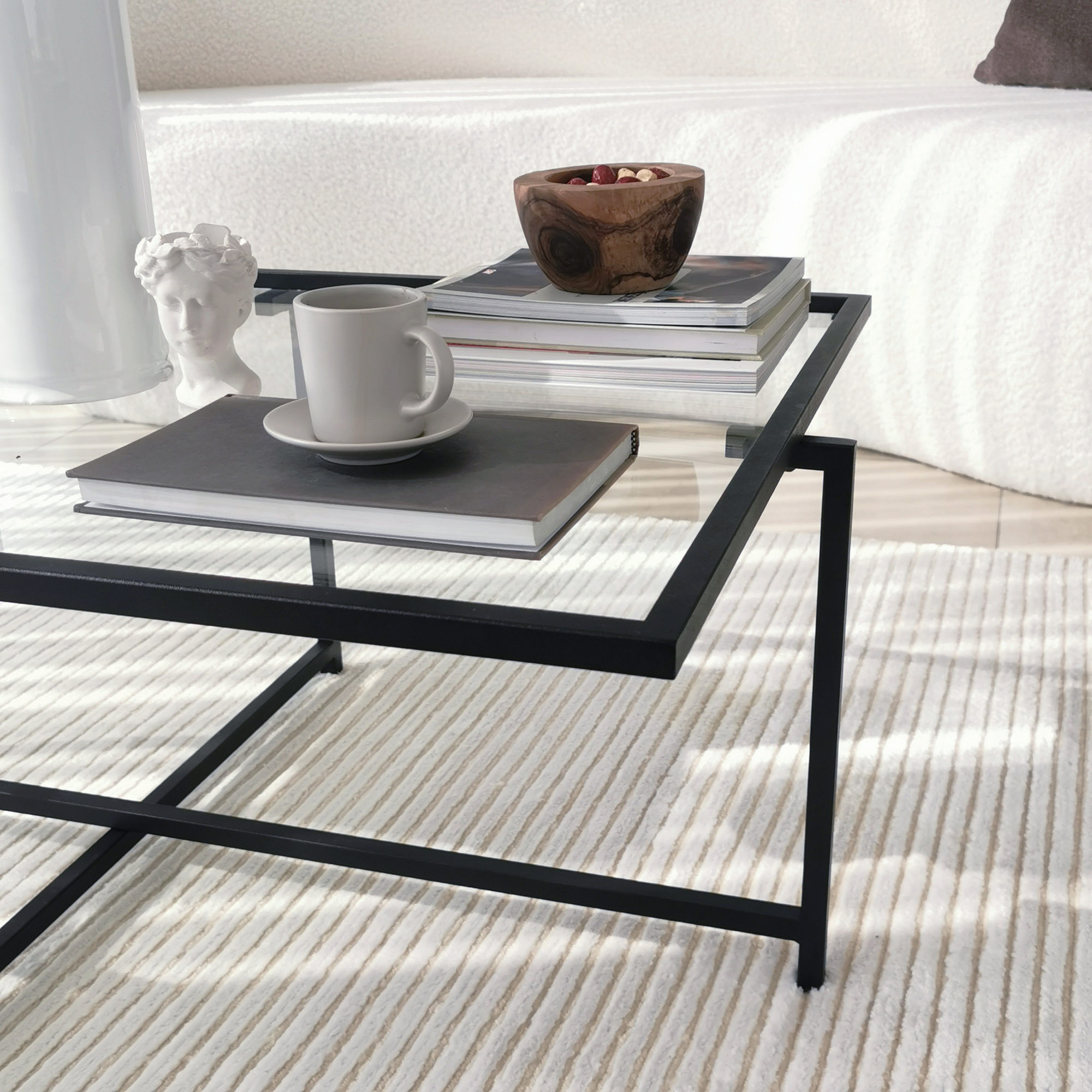 Masuta de cafea, Hanah Home, sticla securizata, picioare metalice, negru, 94x64x35 cm — imaginea 7