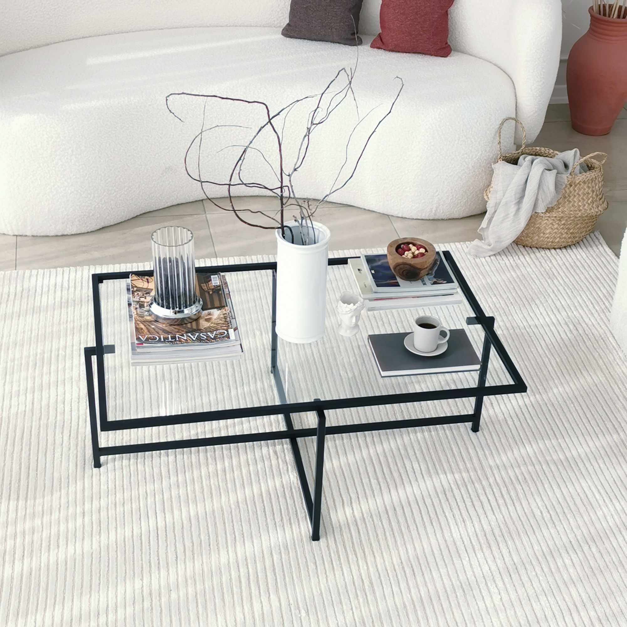 Masuta de cafea, Hanah Home, sticla securizata, picioare metalice, negru, 94x64x35 cm — imaginea 10
