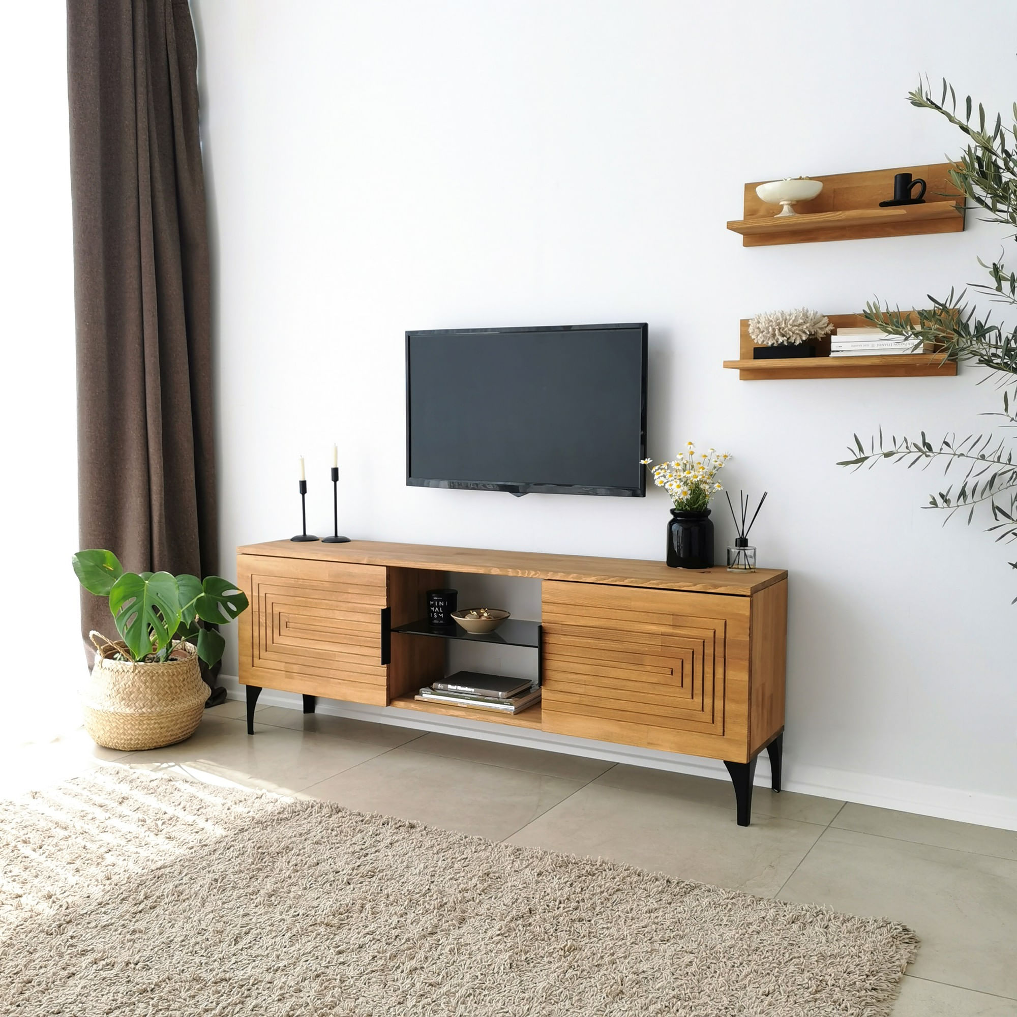 Comoda tv, Hanah Home, lemn masiv de pin, stejar, 150x40x30 cm, 552NOS1526 — imaginea 2