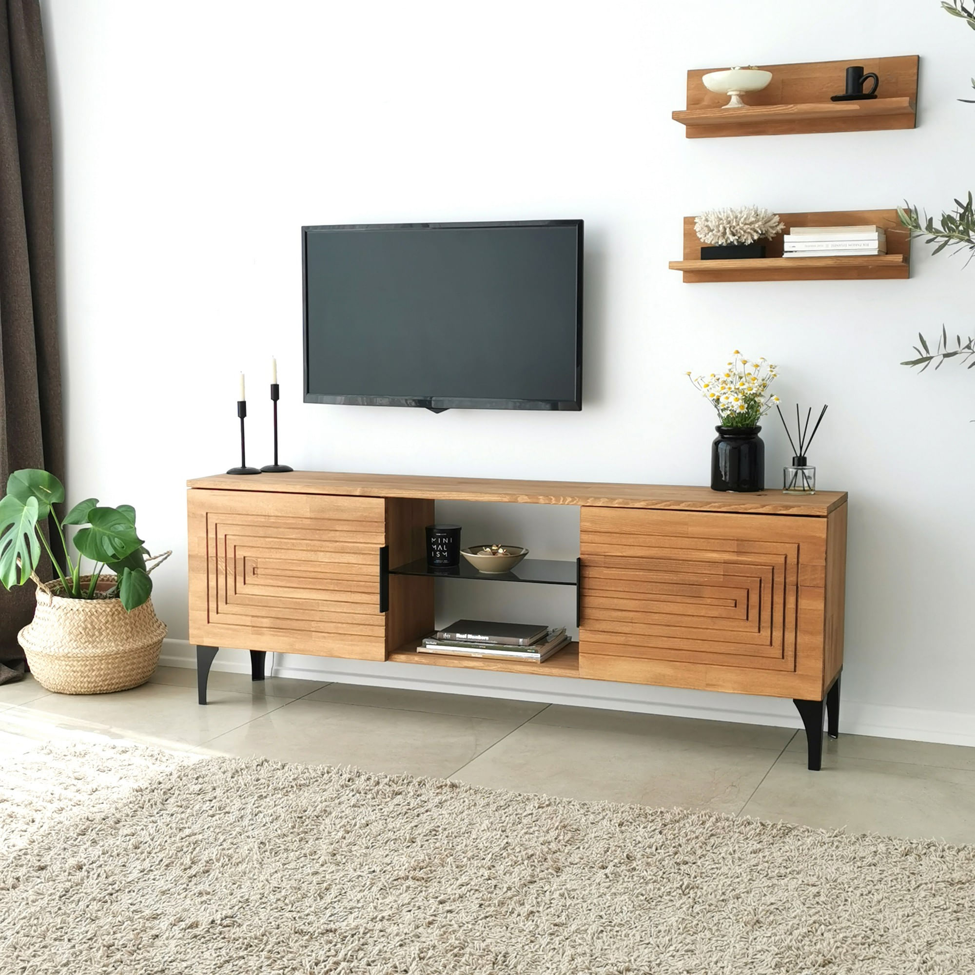 Comoda tv, Hanah Home, lemn masiv de pin, stejar, 150x40x30 cm, 552NOS1526 — imaginea 3