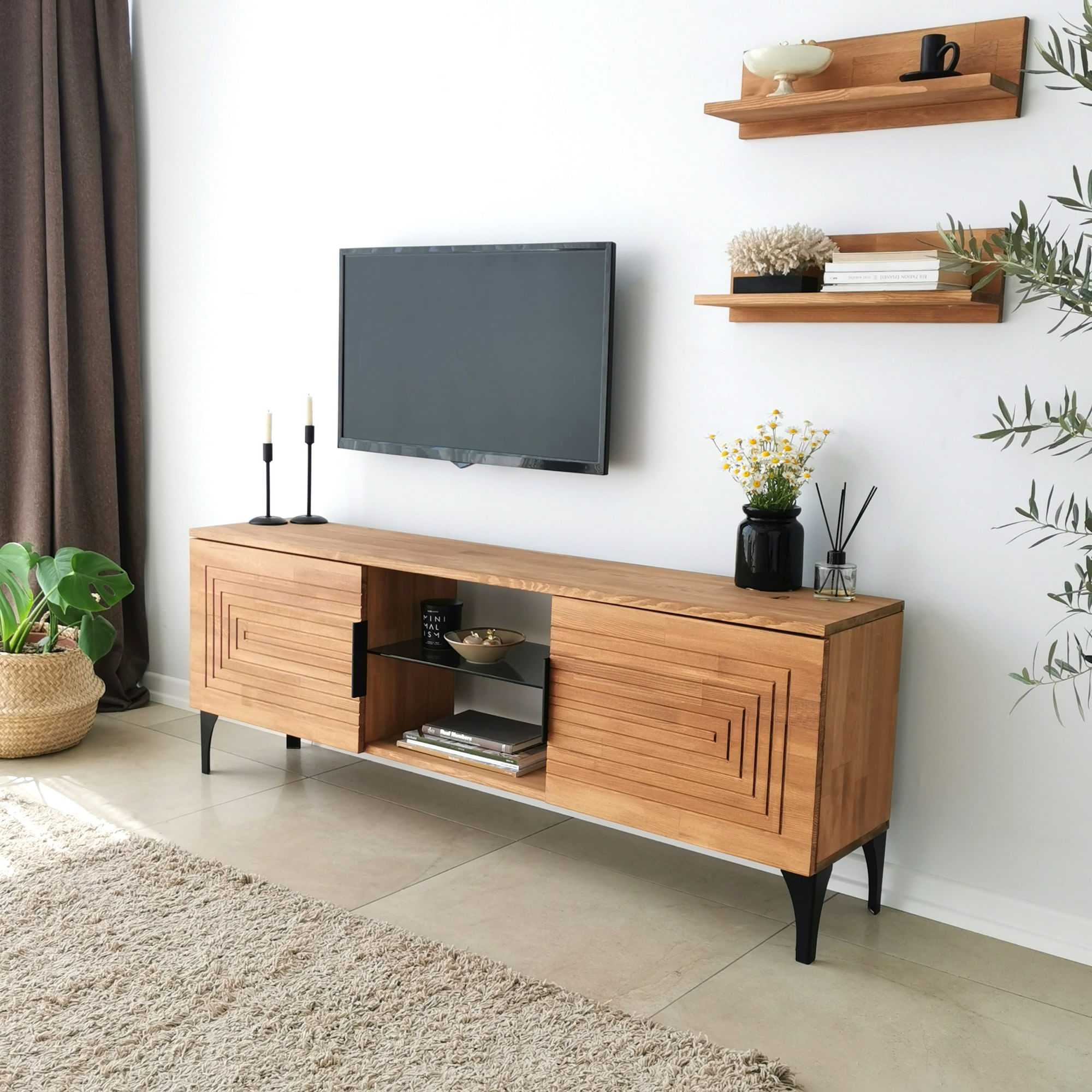 Comoda tv, Hanah Home, lemn masiv de pin, stejar, 150x40x30 cm, 552NOS1526 — imaginea 4