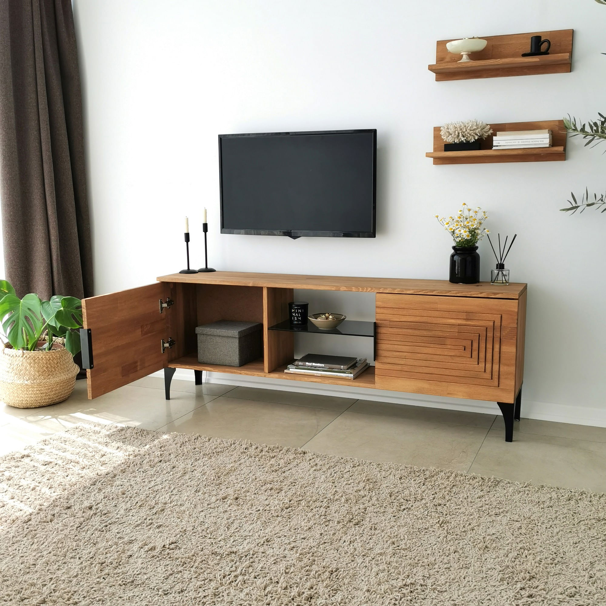 Comoda tv, Hanah Home, lemn masiv de pin, stejar, 150x40x30 cm, 552NOS1526 — imaginea 5