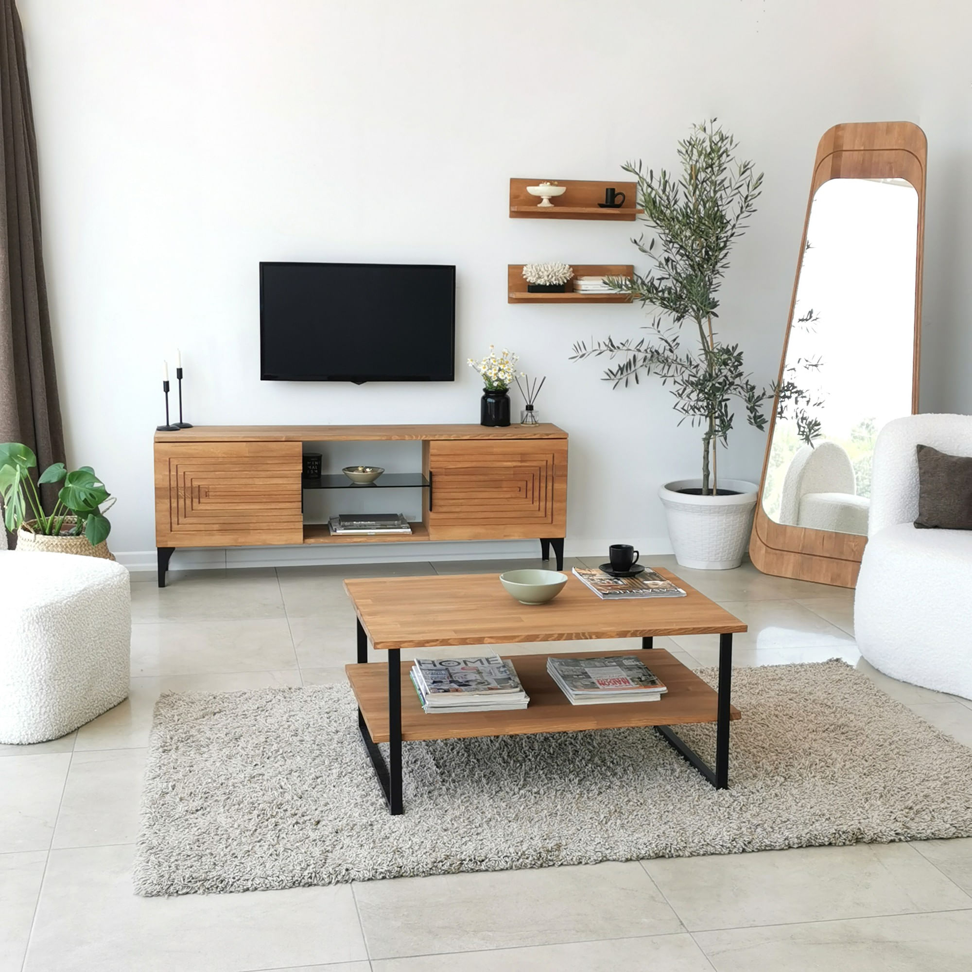 Comoda tv, Hanah Home, lemn masiv de pin, stejar, 150x40x30 cm, 552NOS1526 — imaginea 6