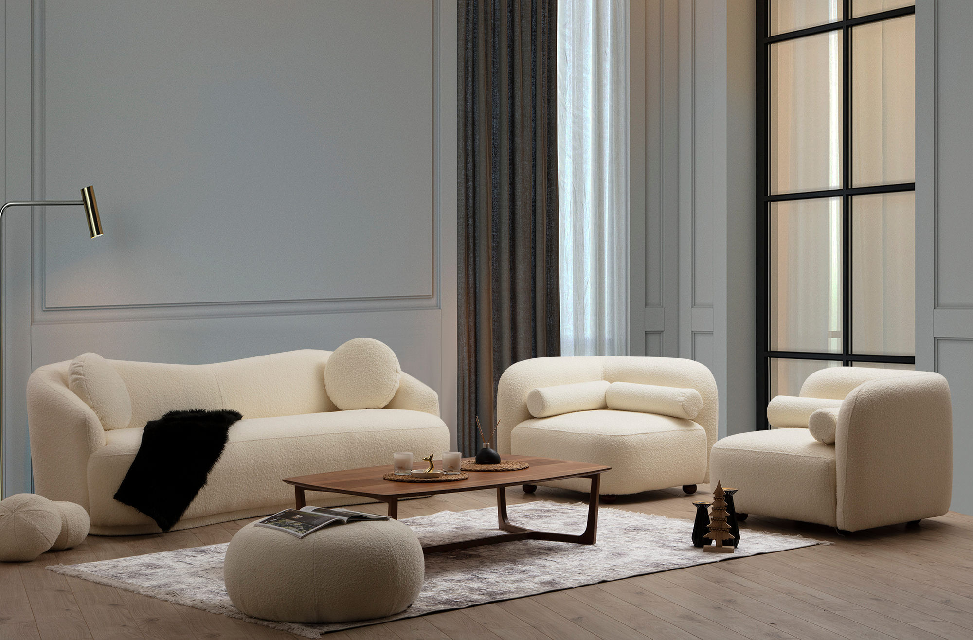 Canapea 3 locuri, Hanah Home, lemn fag si pal, crem, 225x98x76 cm — imaginea 4