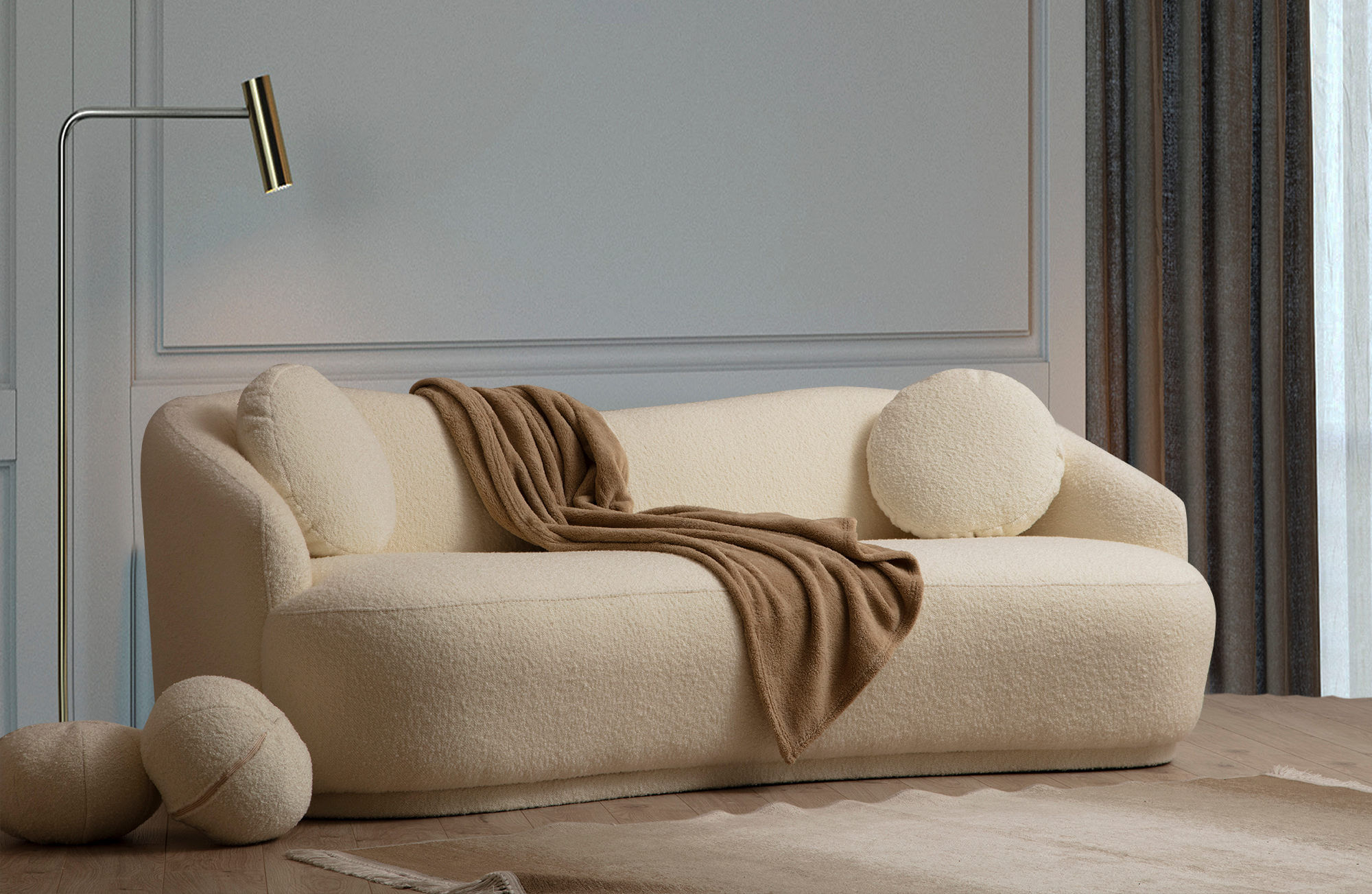 Canapea 3 locuri, Hanah Home, lemn fag si pal, crem, 225x98x76 cm — imaginea 5