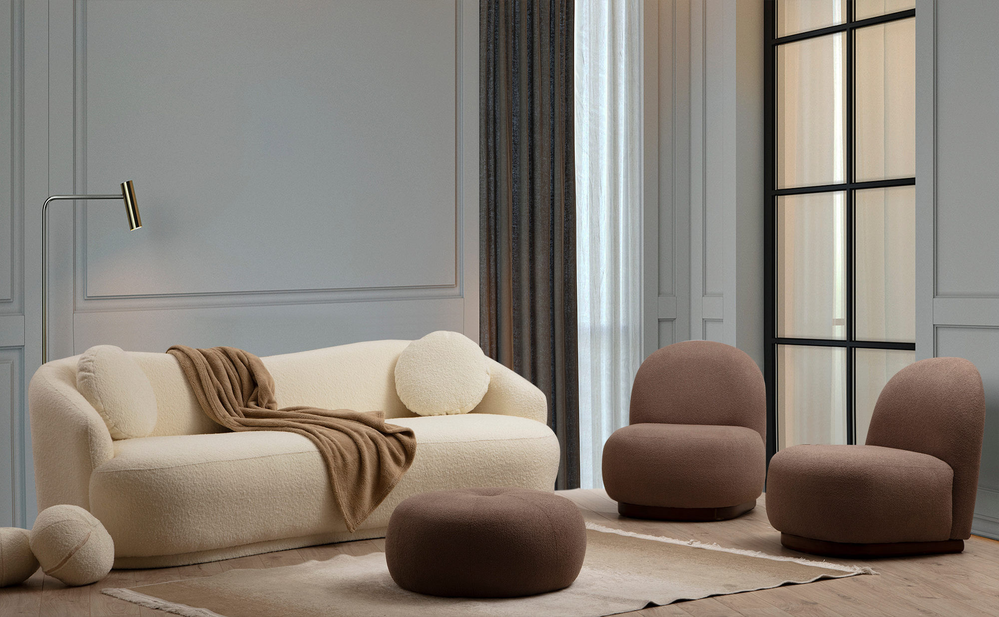 Canapea 3 locuri, Hanah Home, lemn fag si pal, crem, 225x98x76 cm — imaginea 8