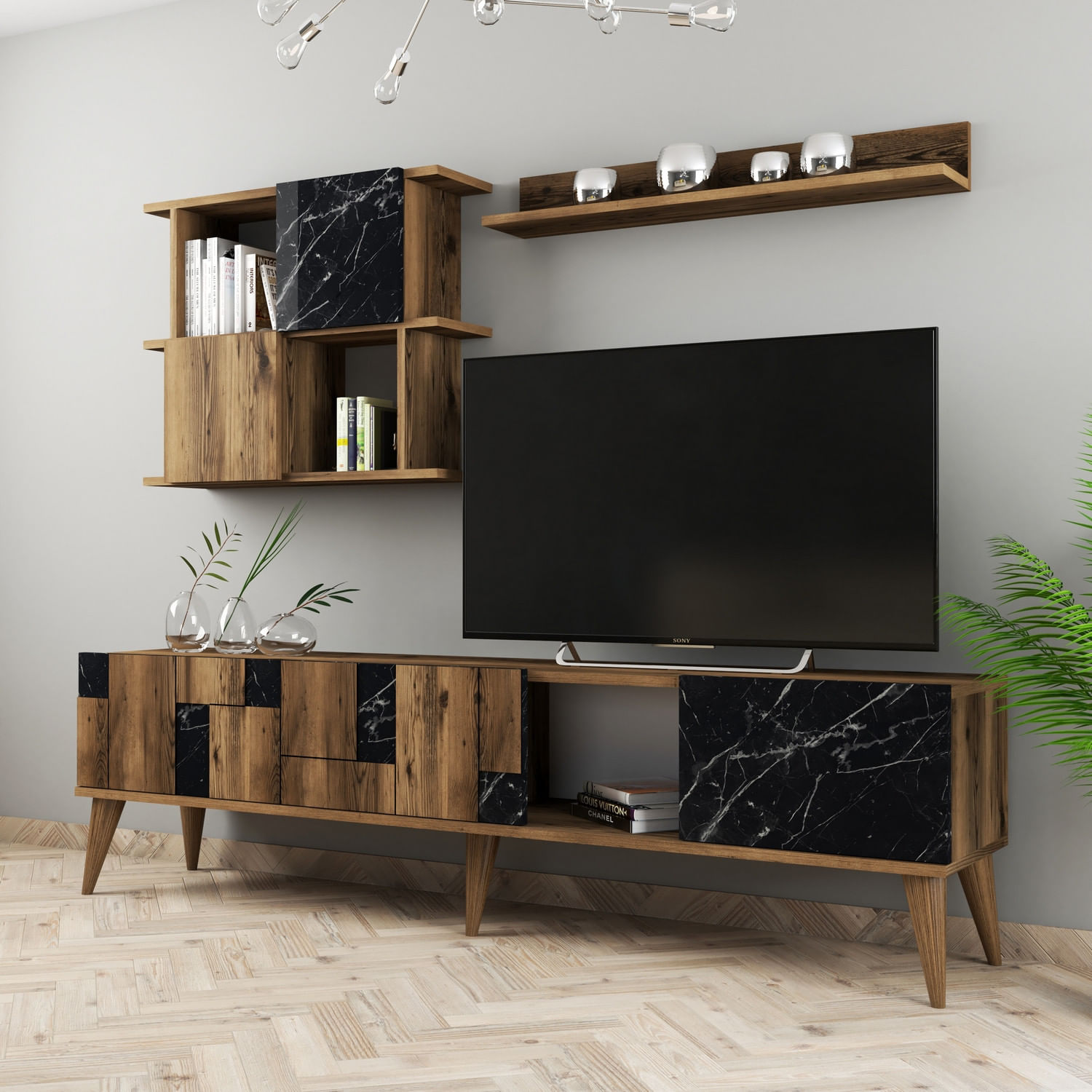 Comoda tv, Hanah Home, pal melaminat, nuc si negru, 180x48.6x33.8 cm — imaginea 2