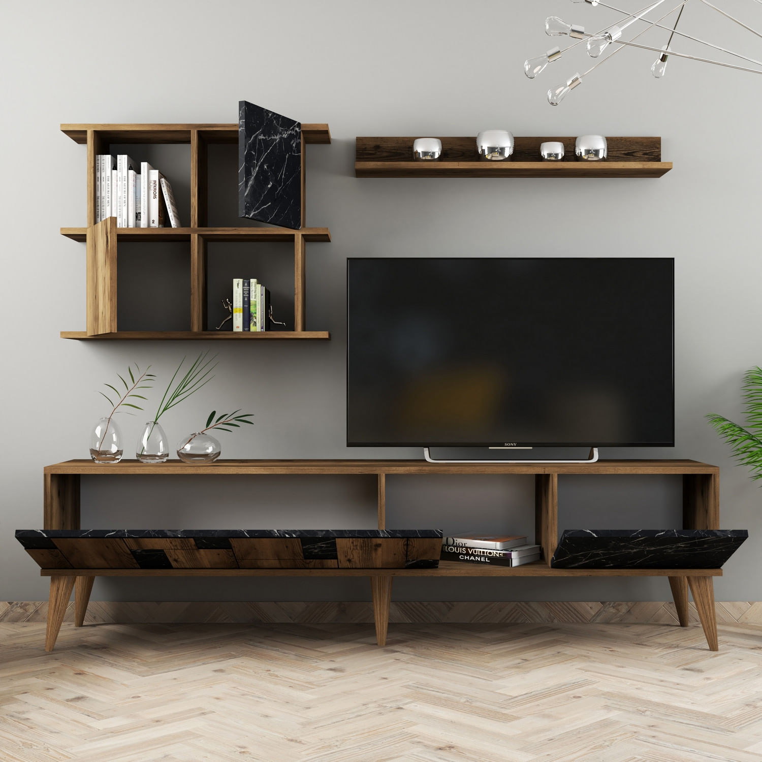 Comoda tv, Hanah Home, pal melaminat, nuc si negru, 180x48.6x33.8 cm — imaginea 3