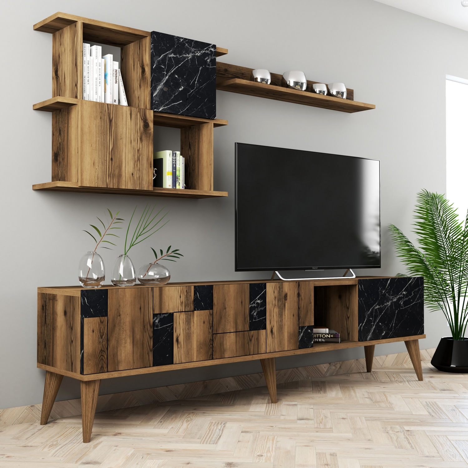 Comoda tv, Hanah Home, pal melaminat, nuc si negru, 180x48.6x33.8 cm — imaginea 5