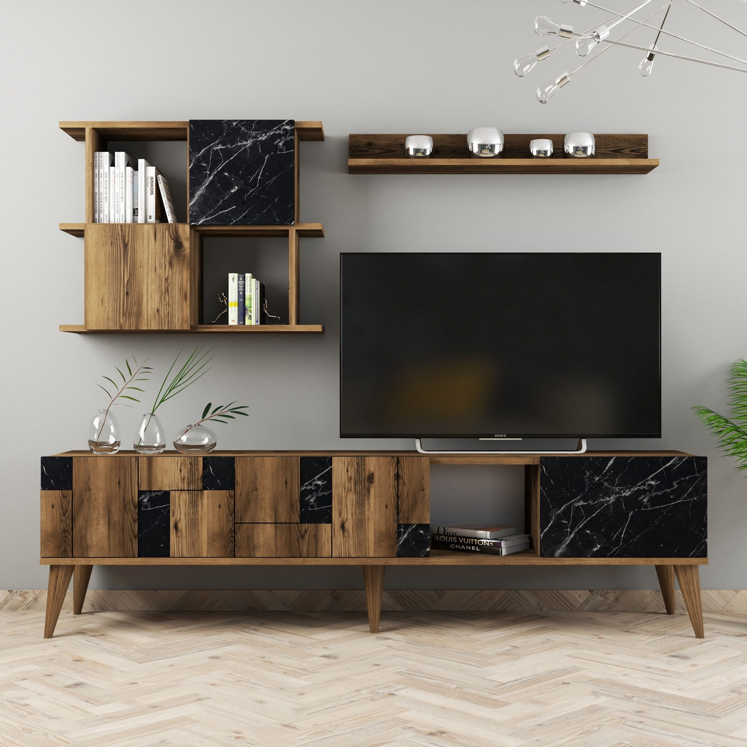 Comoda tv, Hanah Home, pal melaminat, nuc si negru, 180x48.6x33.8 cm — imaginea 6