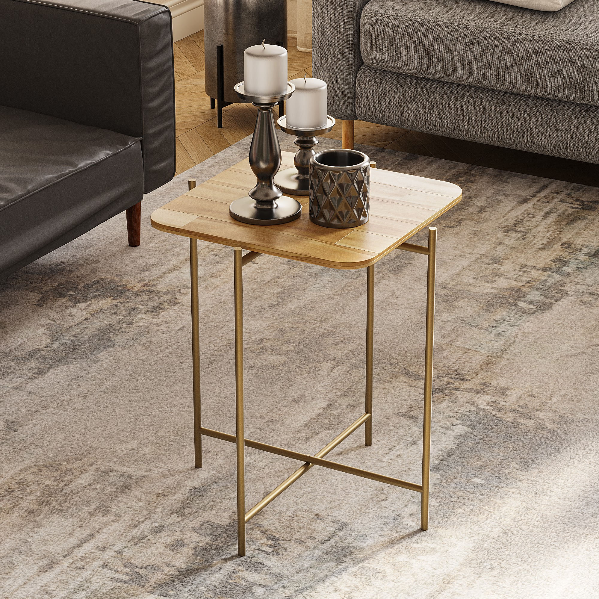 Masuta de cafea, Hanah Home, lemn, auriu si natural, 46x46x56 cm — imaginea 6