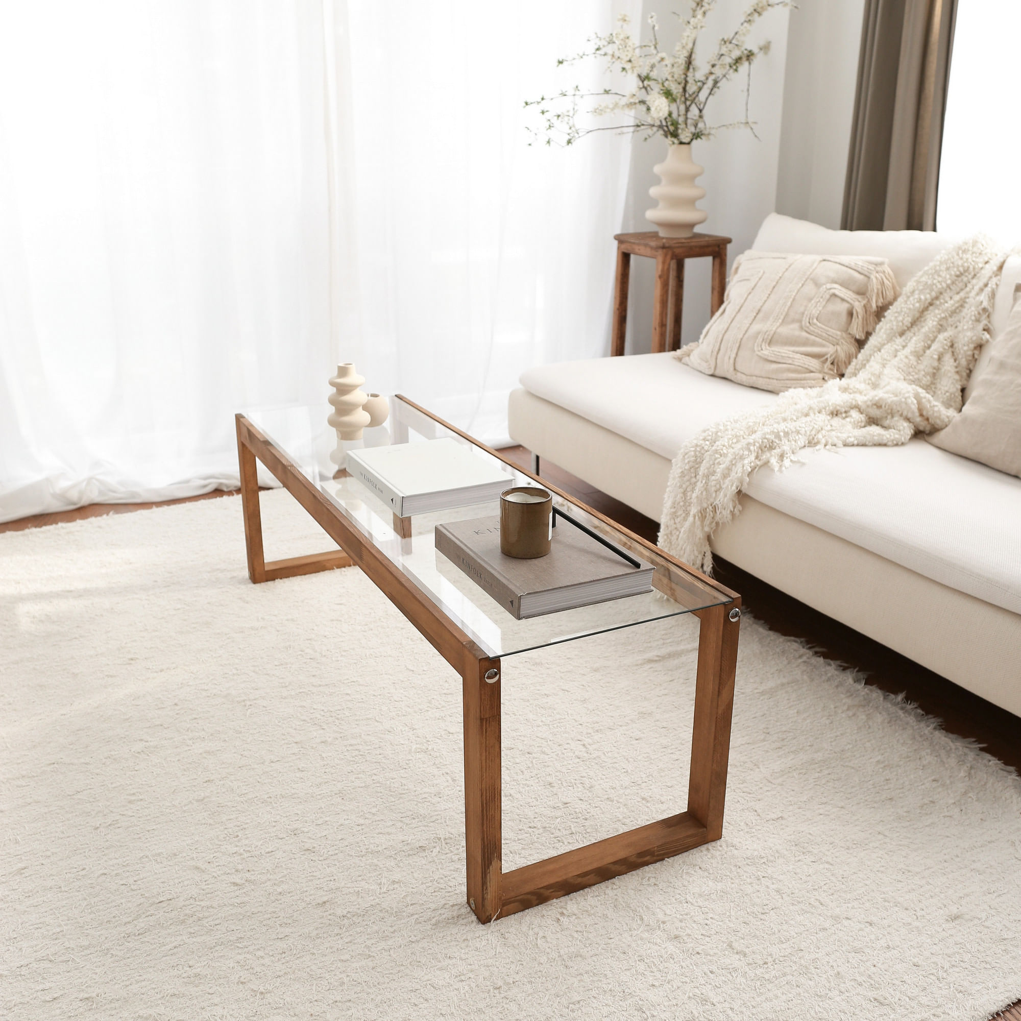 Comoda tv, Hanah Home, lemn masiv de pin, sticla securizata, culoare lemn, 130x40x40 cm — imaginea 5
