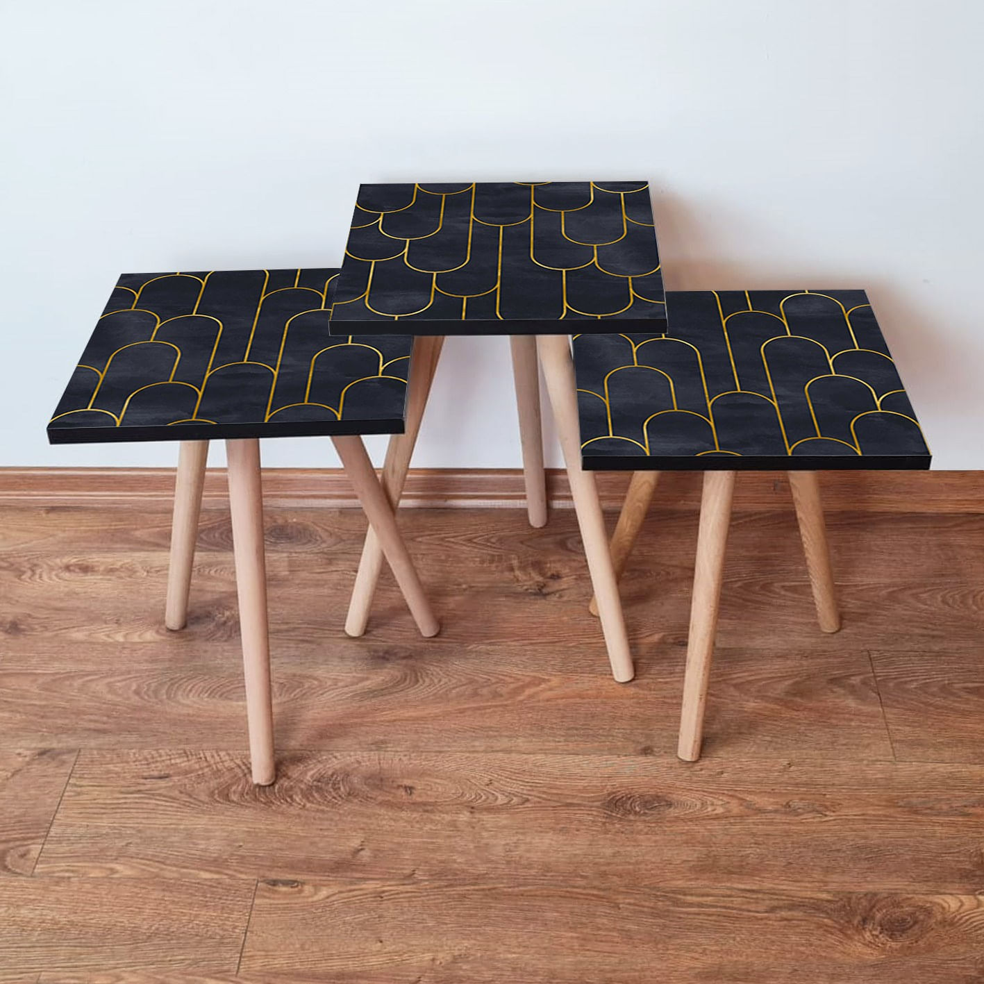 Set masute de cafea, Hanah Home, mdf, negru auriu, 35x35x52 cm, set 3 piese