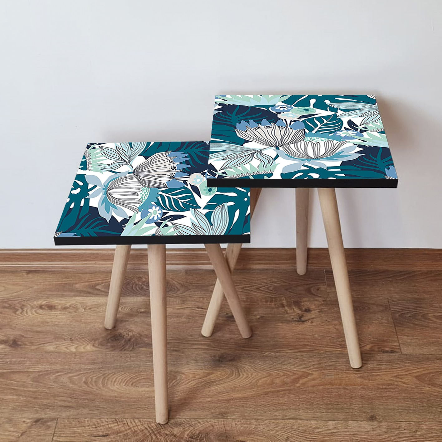 Set mese de cafea cuib, Hanah Home, mdf, albastru marin, 35x35x47 cm, picioare lemn fag