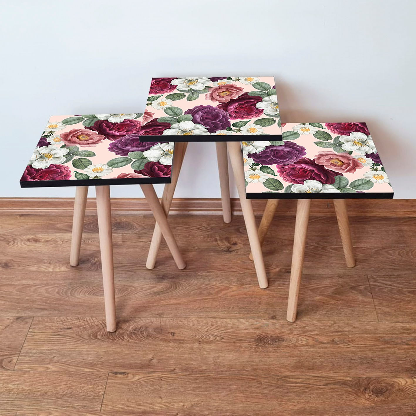 Set mese de cafea cuib, Hanah Home, mdf, multicolor, picioare lemn fag, 35x35x52 cm