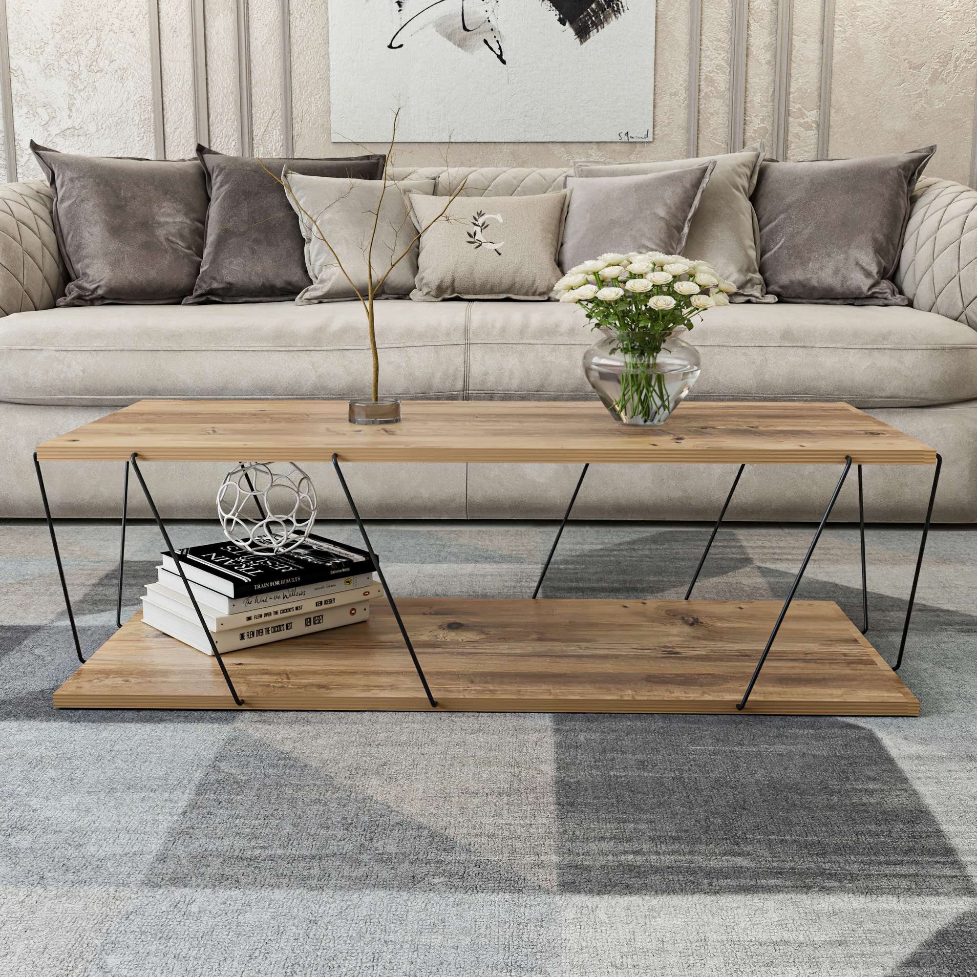 Masuta de cafea, Hanah Home, pal melaminat, pin si negru, 120x50x30 cm — imaginea 2