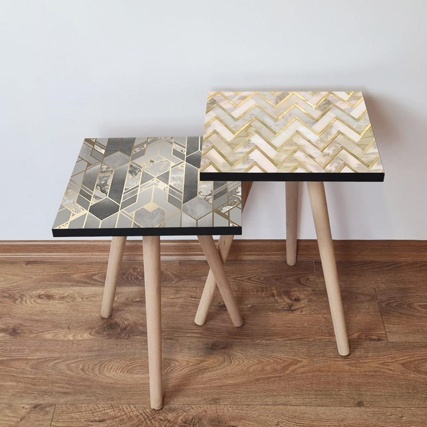 Set masute de cafea, Hanah Home, mdf, gri auriu bej, 35x47x35 cm, 35x42x35 cm
