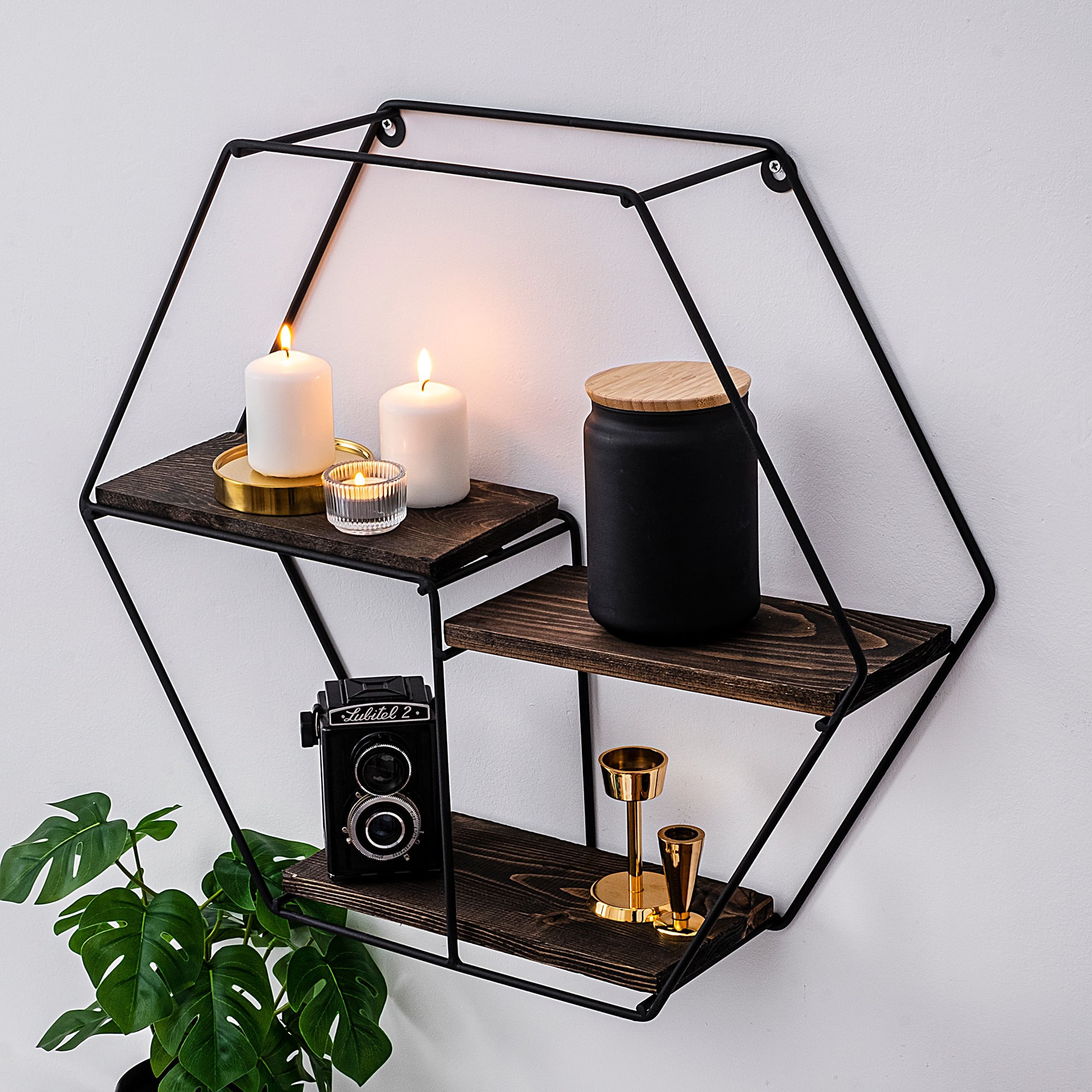 Raft de perete, Hanah Home, lemn molid, negru nuc, 60x53x15 cm — imaginea 7