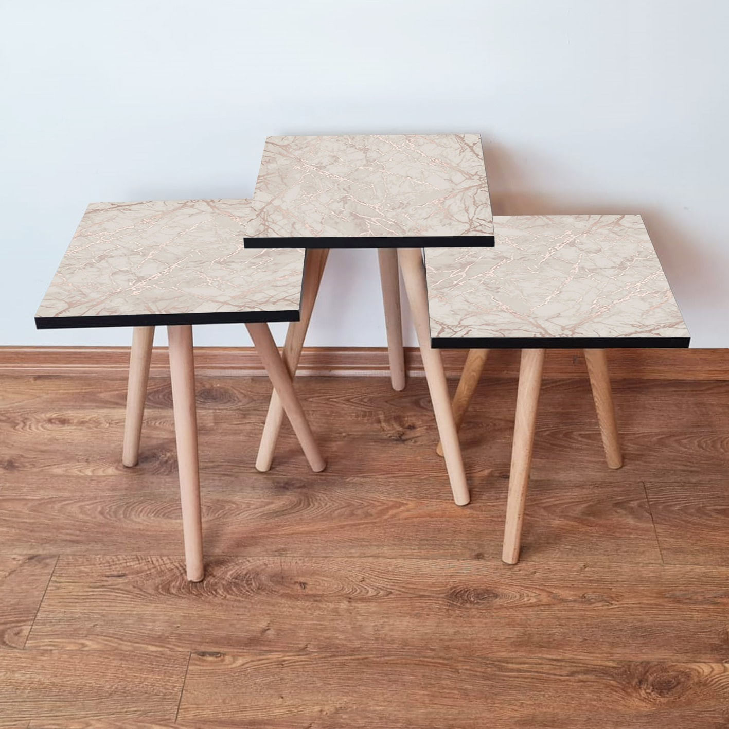 Set masute de cafea, Hanah Home, mdf, bej, 35x35x52 cm, picioare lemn fag
