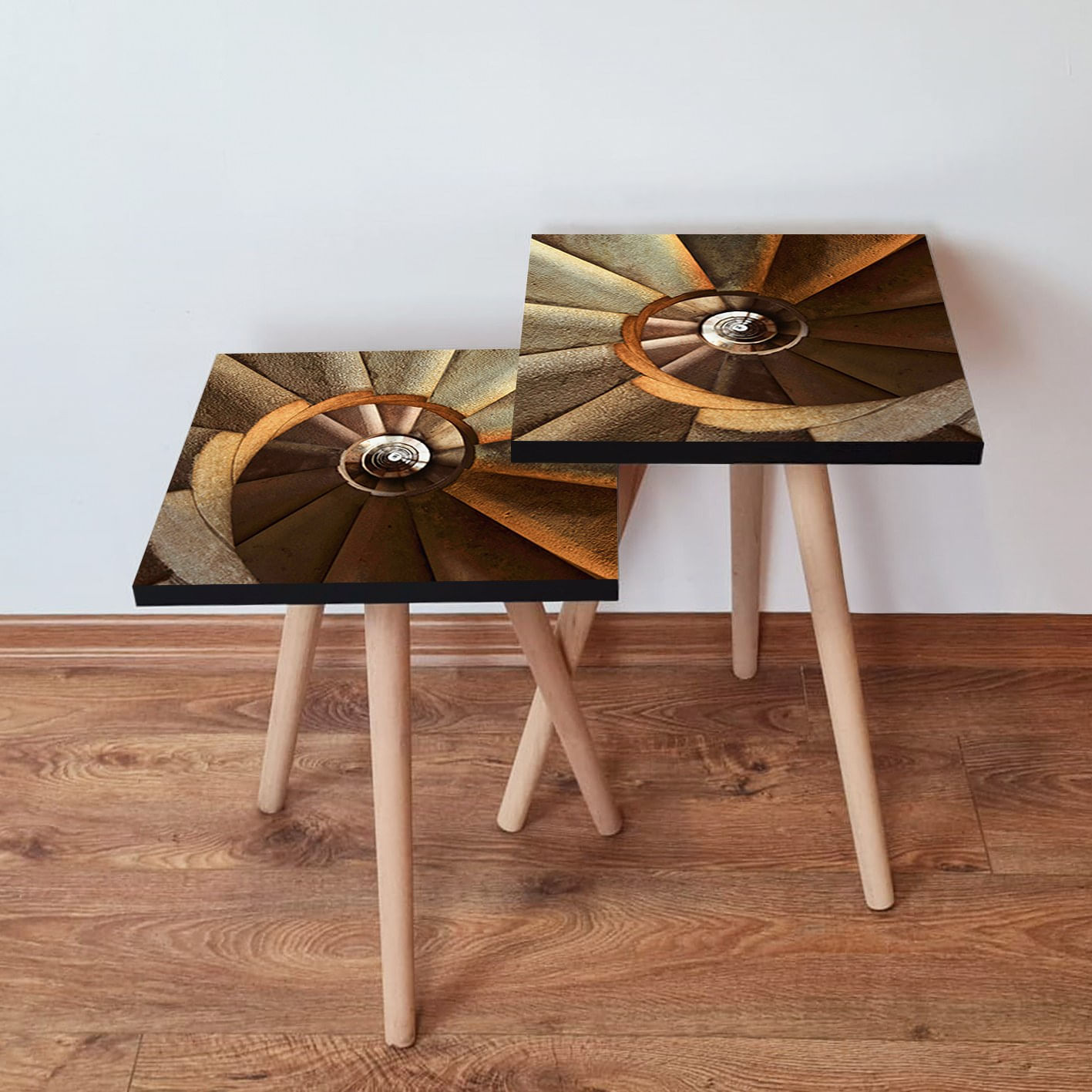 Set mese de tip cuib, Hanah Home, mdf, maro portocaliu bej, 35x35x47 cm, picioare lemn fag
