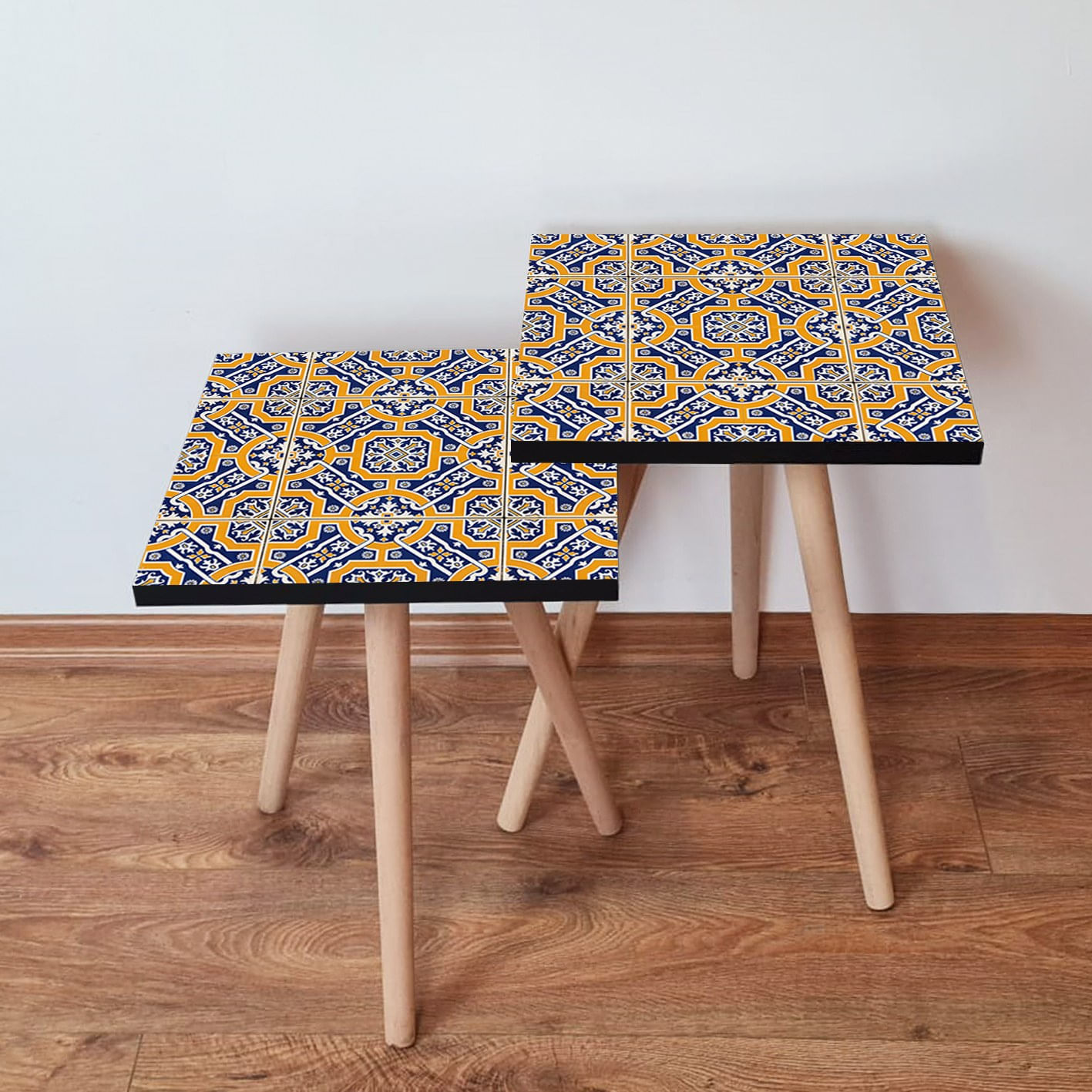 Set masute de cafea, Hanah Home, mdf, portocaliu/albastru marin/alb, 35x35x47 cm