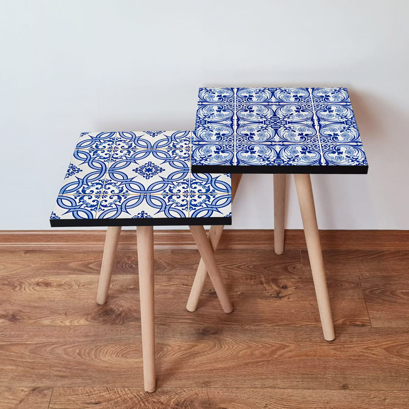 Set masute de cafea, Hanah Home, mdf, albastru marin si alb, 35x47x35 cm