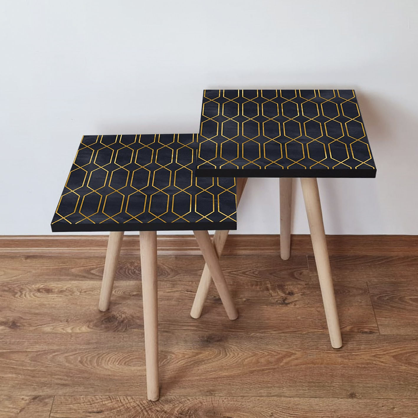 Set mese de cafea suprapuse, Hanah Home, mdf, albastru marin si auriu, 35x35x47 cm