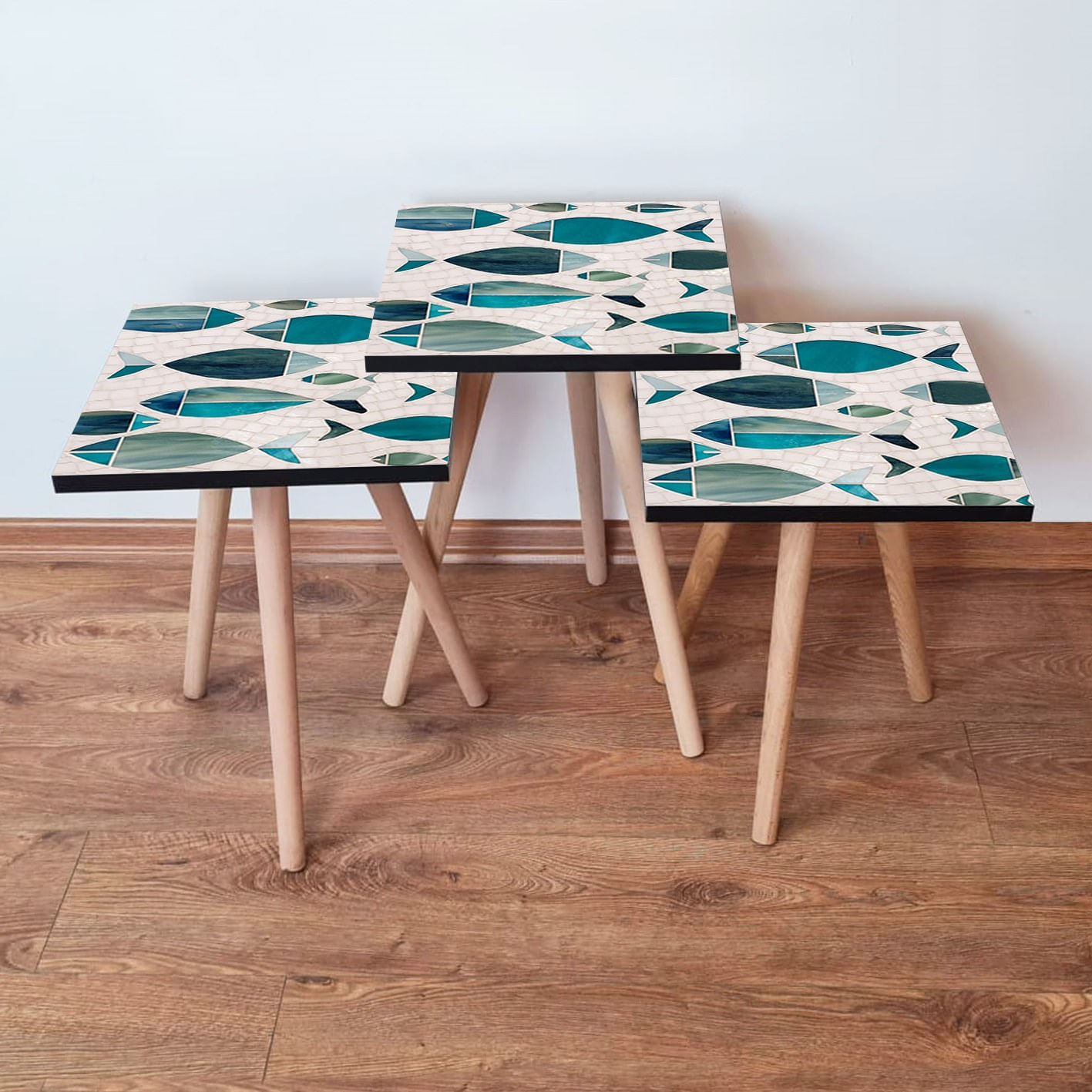 Set masute de cafea, Hanah Home, mdf, alb verde albastru, 35x35x52 cm