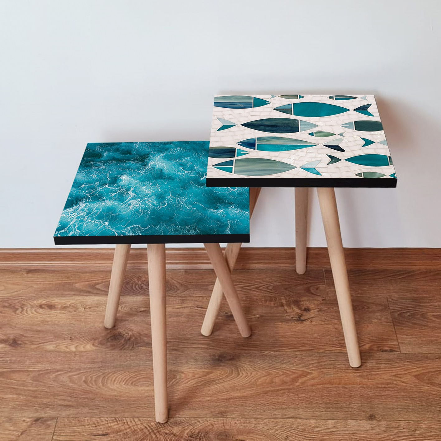 Set masute de cafea, Hanah Home, mdf, albastru alb verde, 35x35x47 cm