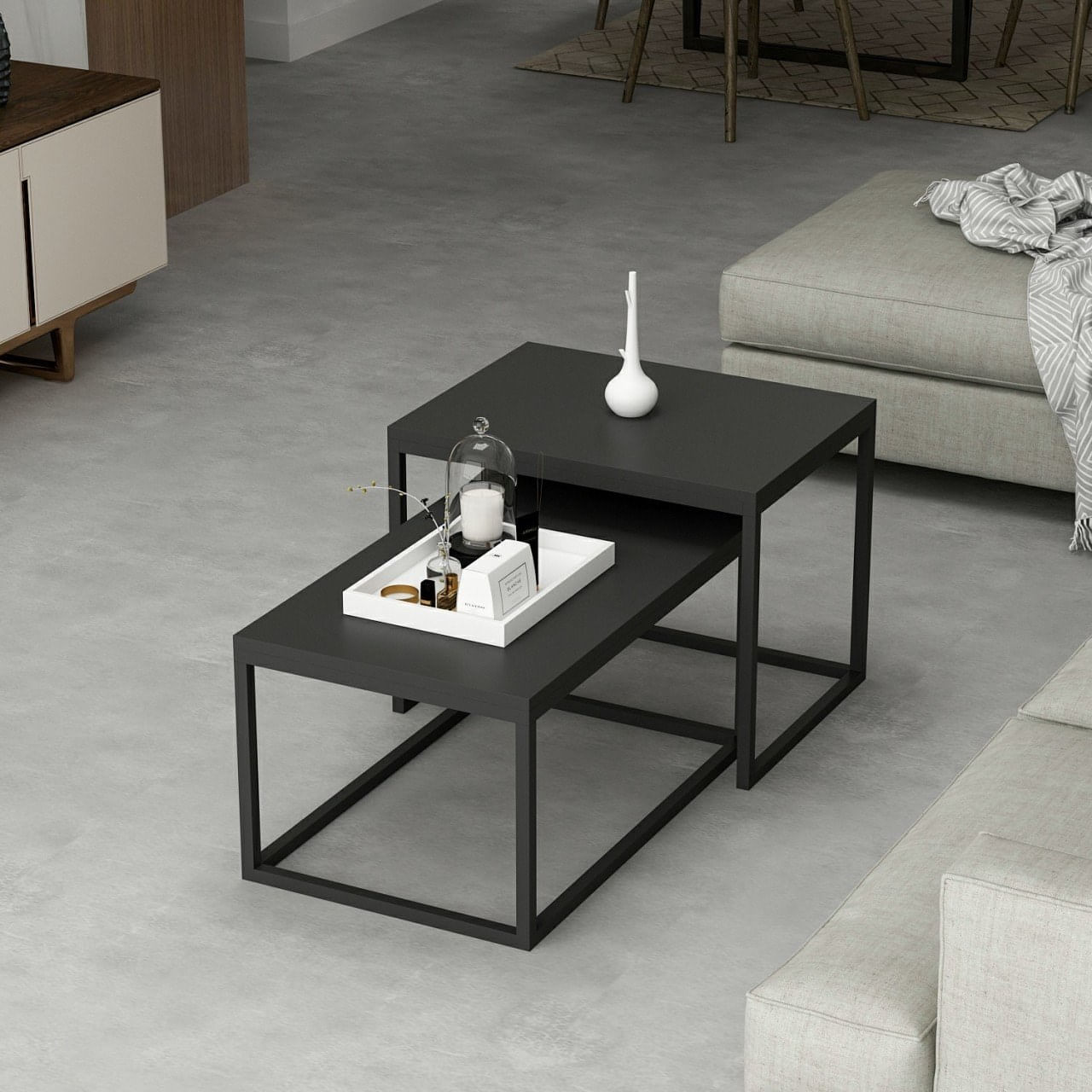 Set masute de cafea, Hanah Home, pal melaminat, negru, cadru metalic, 60x45x47 cm si 72x45x37 cm — imaginea 5