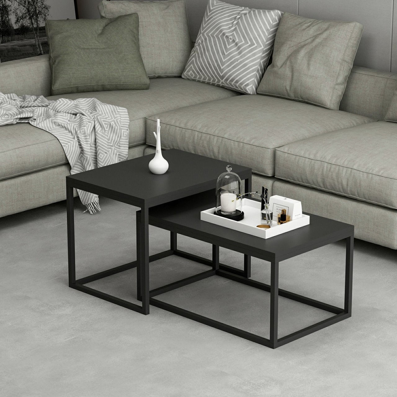 Set masute de cafea, Hanah Home, pal melaminat, negru, cadru metalic, 60x45x47 cm si 72x45x37 cm — imaginea 6