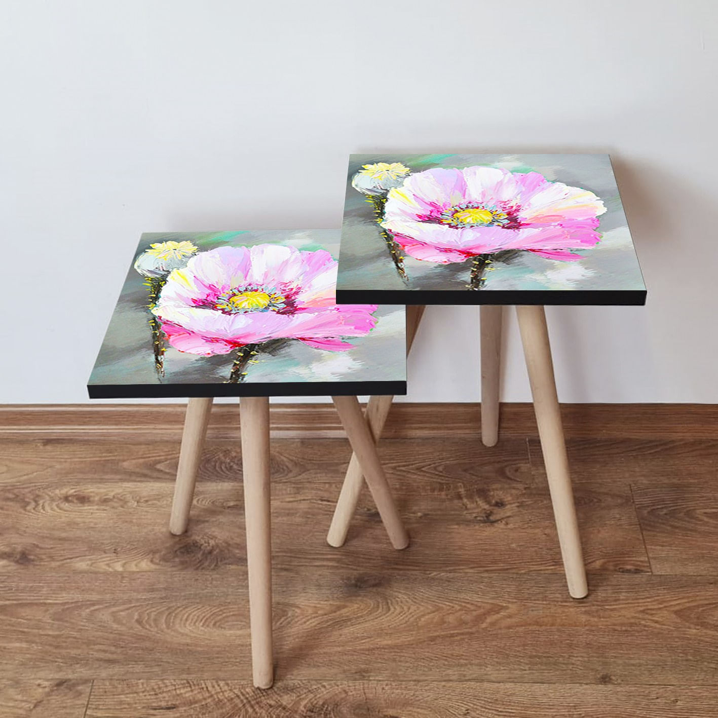 Set masute de cafea, Hanah Home, mdf, multicolor, picioare lemn fag, 35x35x47 cm