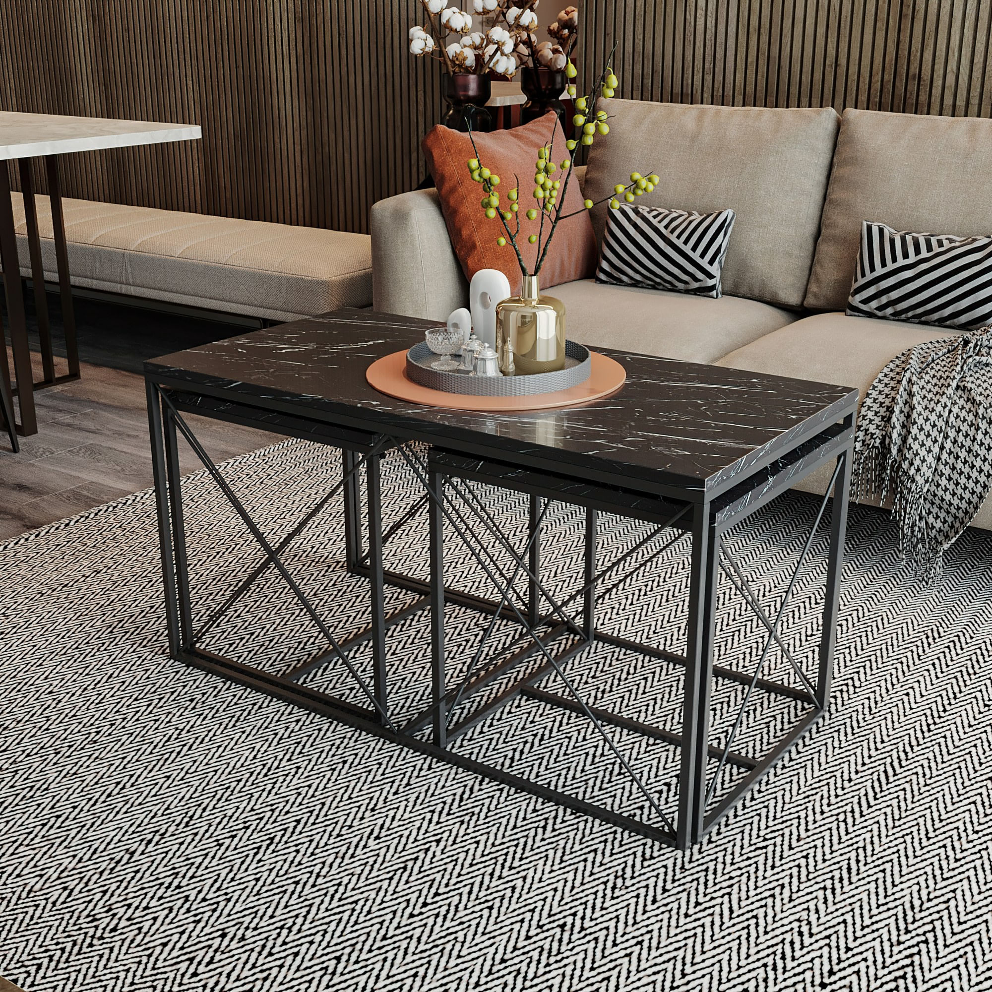 Set masute de cafea, Hanah Home, pal melaminat, negru, 100x50x52 cm, picioare metalice — imaginea 5