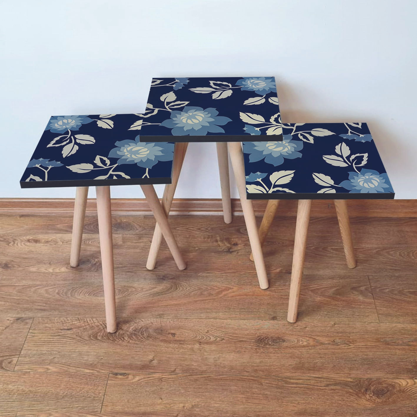 Set masute de cafea cuib, Hanah Home, mdf, albastru marin/albastru/bej, 35x35x52 cm