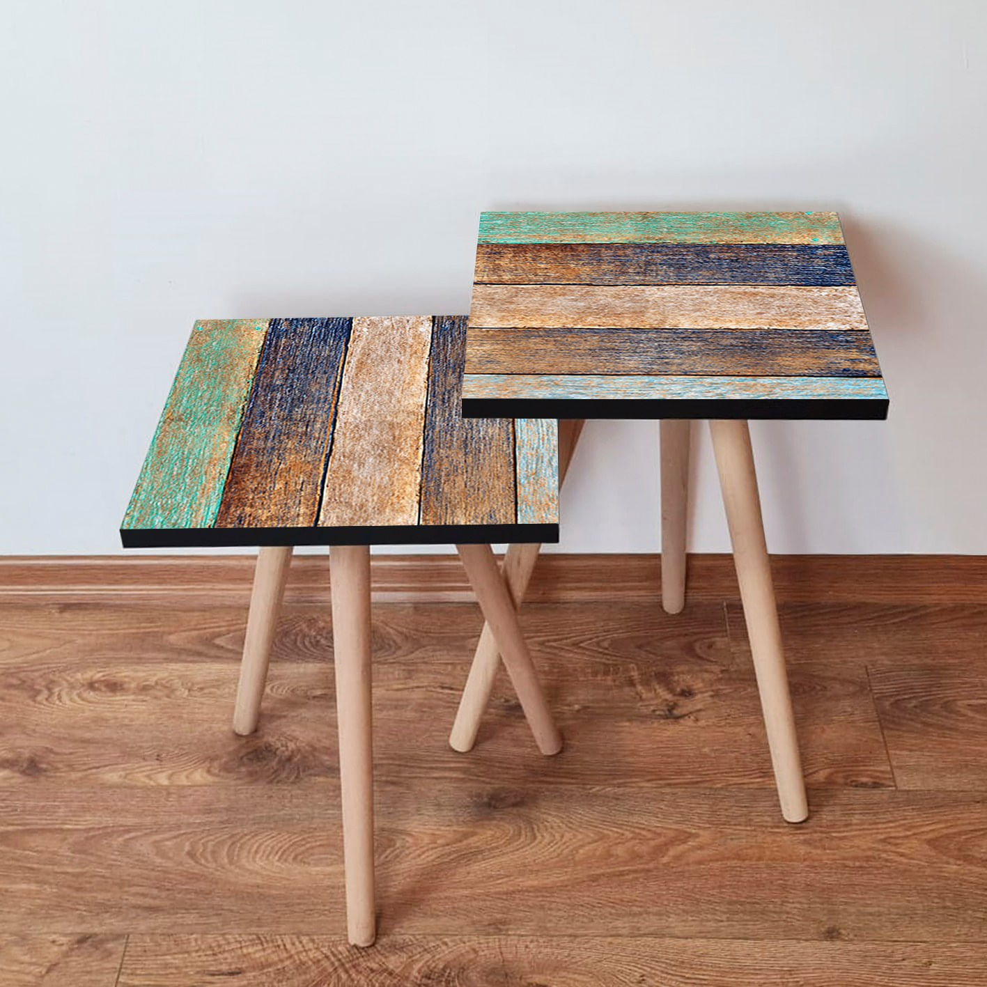 Set masute de cafea, Hanah Home, mdf, verde si albastru marin, 35x35x47 cm